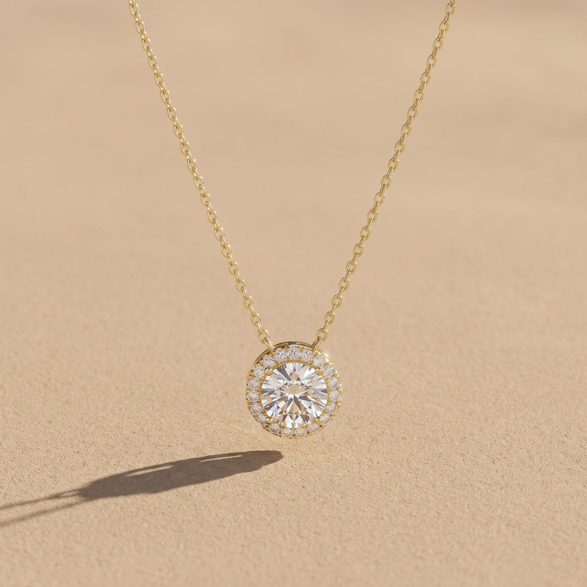 Yellow Gold Round Moissanite Halo Pendant Necklace