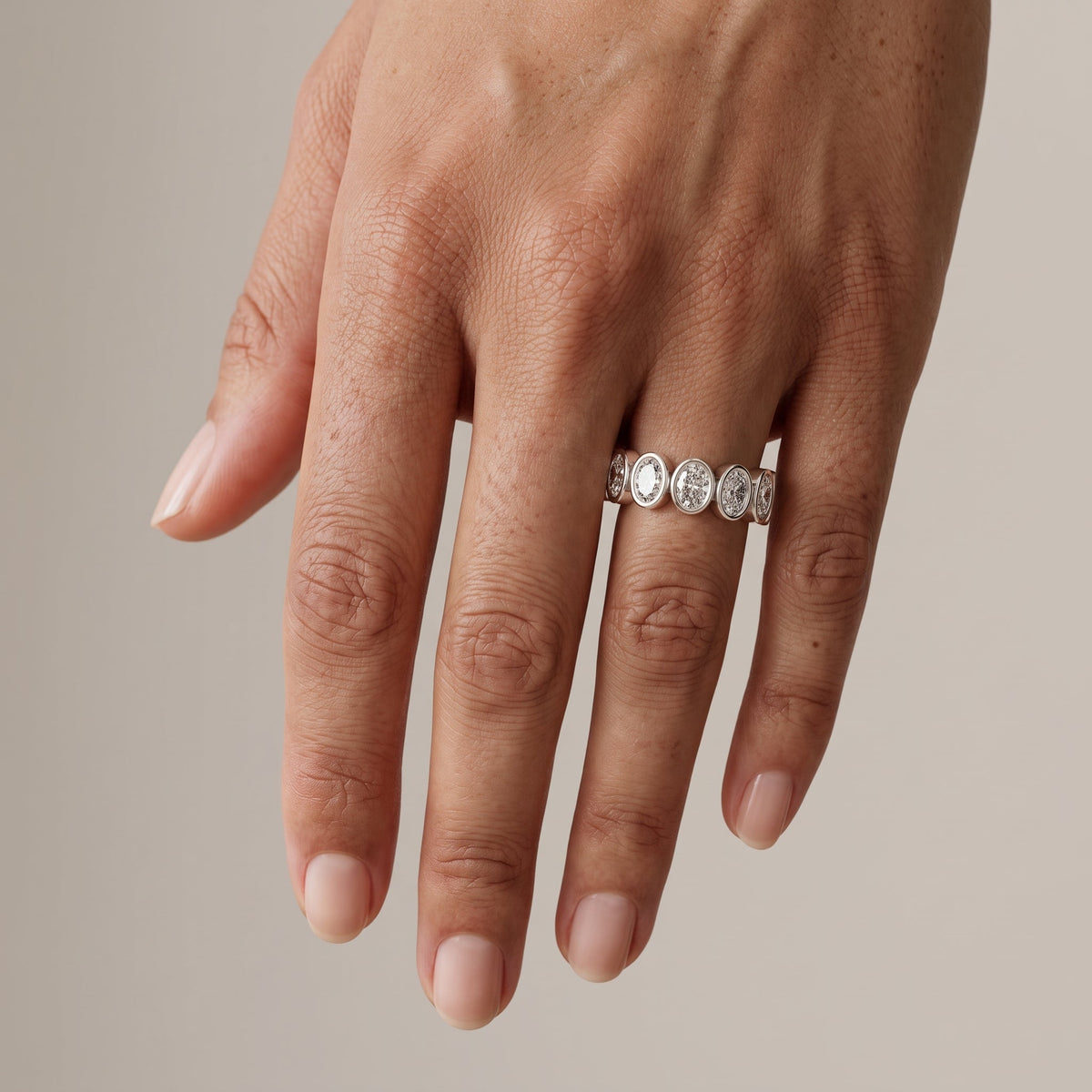 White Metal Oval Moissanite Eternity Band Ring