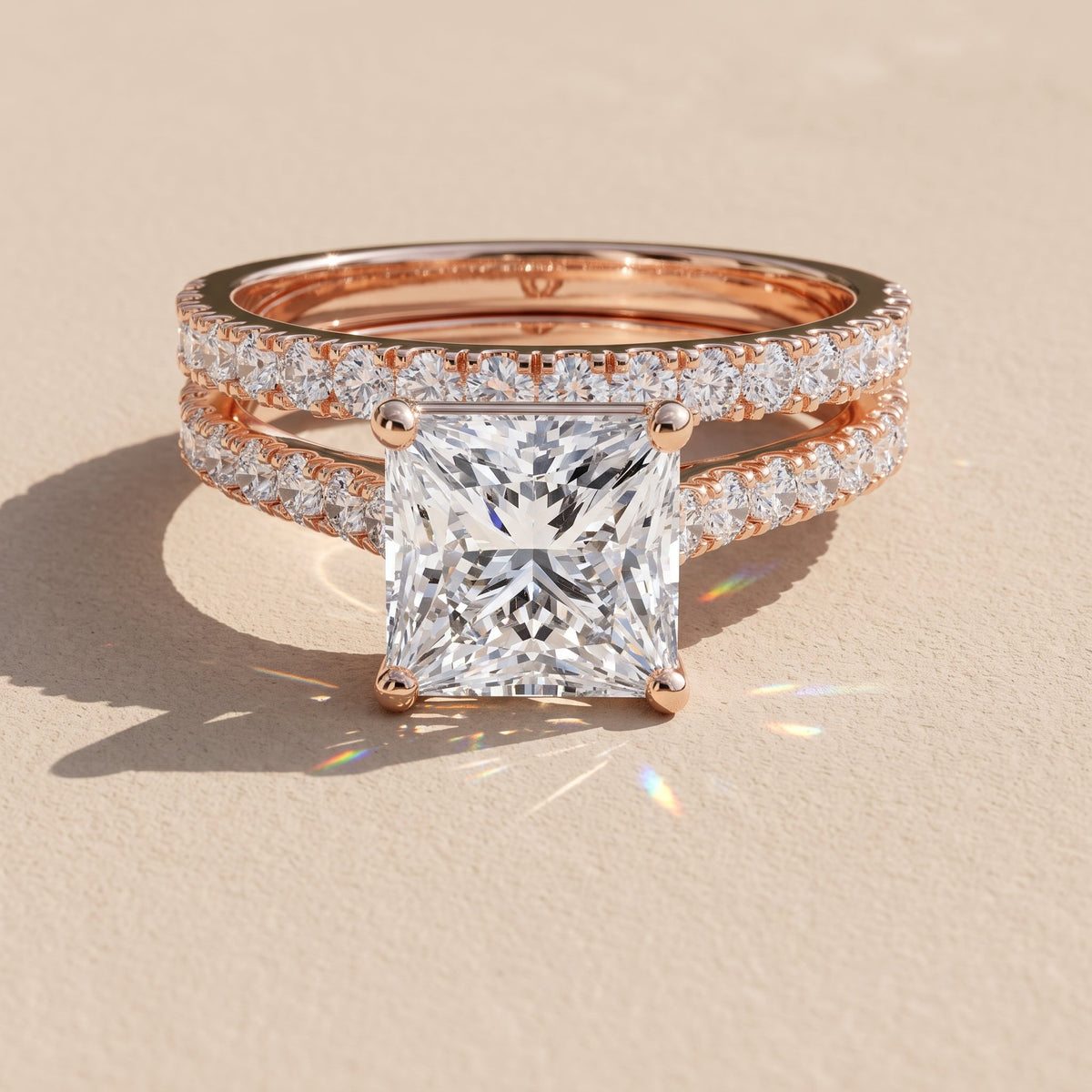 Rose Gold Princess Cut Moissanite Bridal Ring Set