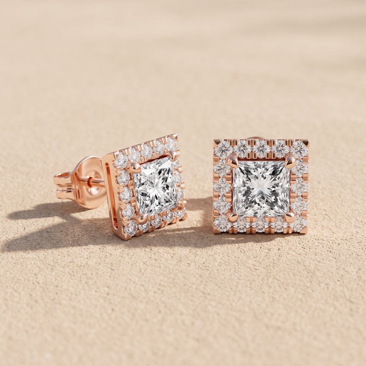Rose Gold Princess Cut Moissanite Stud Earrings with Halo