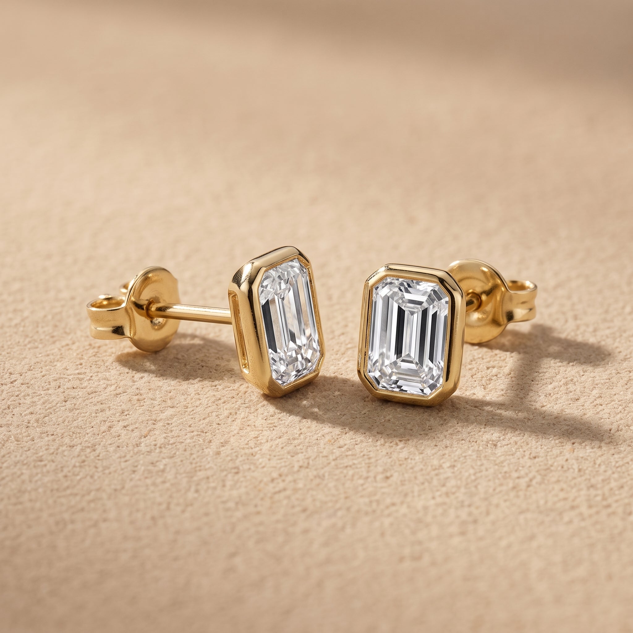 Yellow Gold Emerald Cut Moissanite Stud Earrings