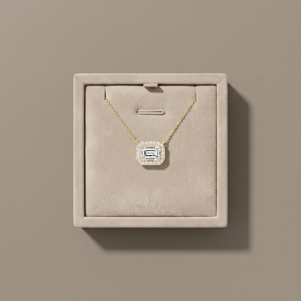 Yellow Gold Emerald Cut Moissanite Halo Pendant Necklace