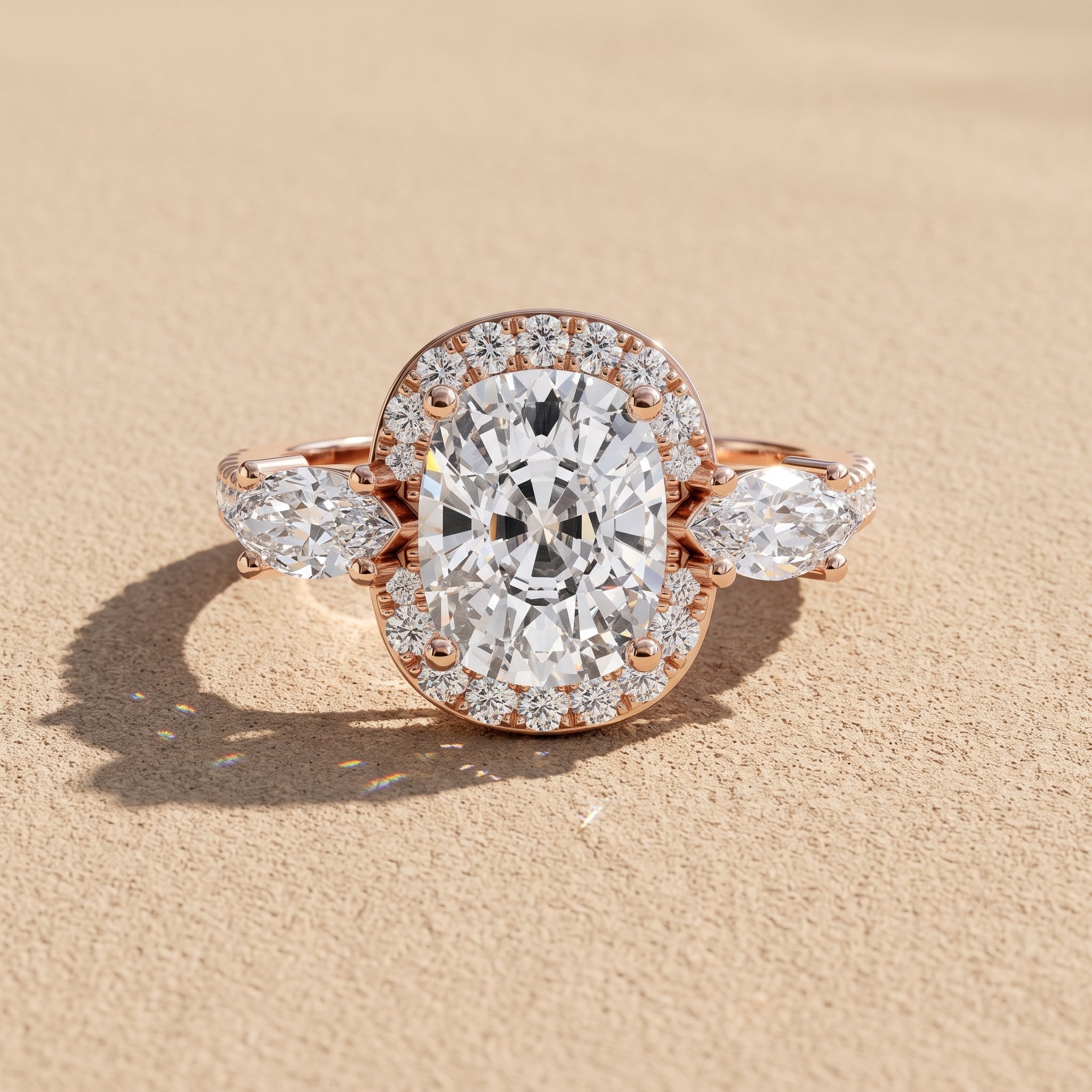 Rose Gold Cushion Moissanite Halo Engagement Ring