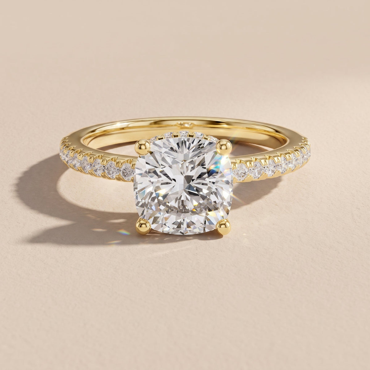 Yellow Gold Cushion Cut Moissanite Engagement Ring with Pavé Band