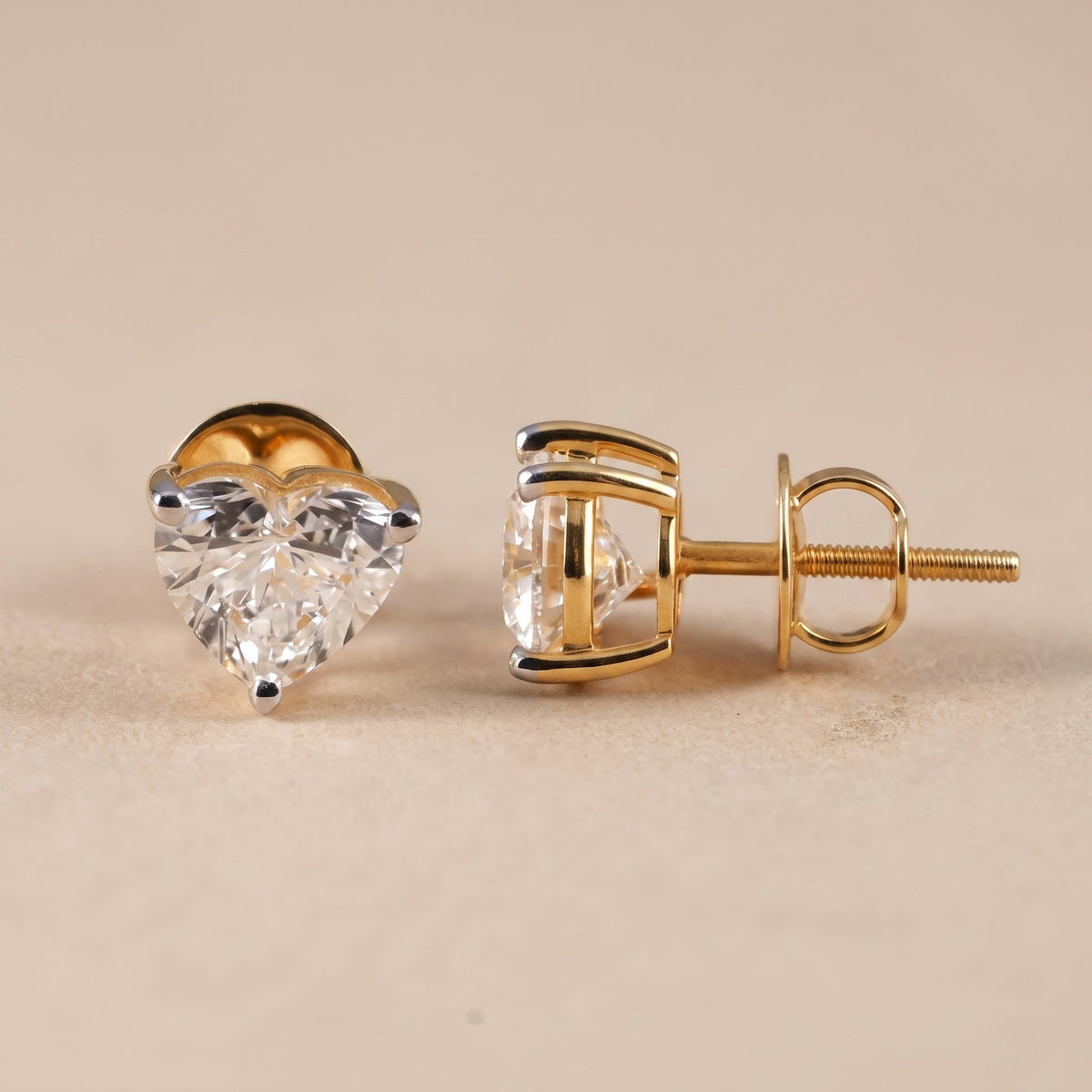 Yellow Gold Heart Cut Moissanite Stud Earrings