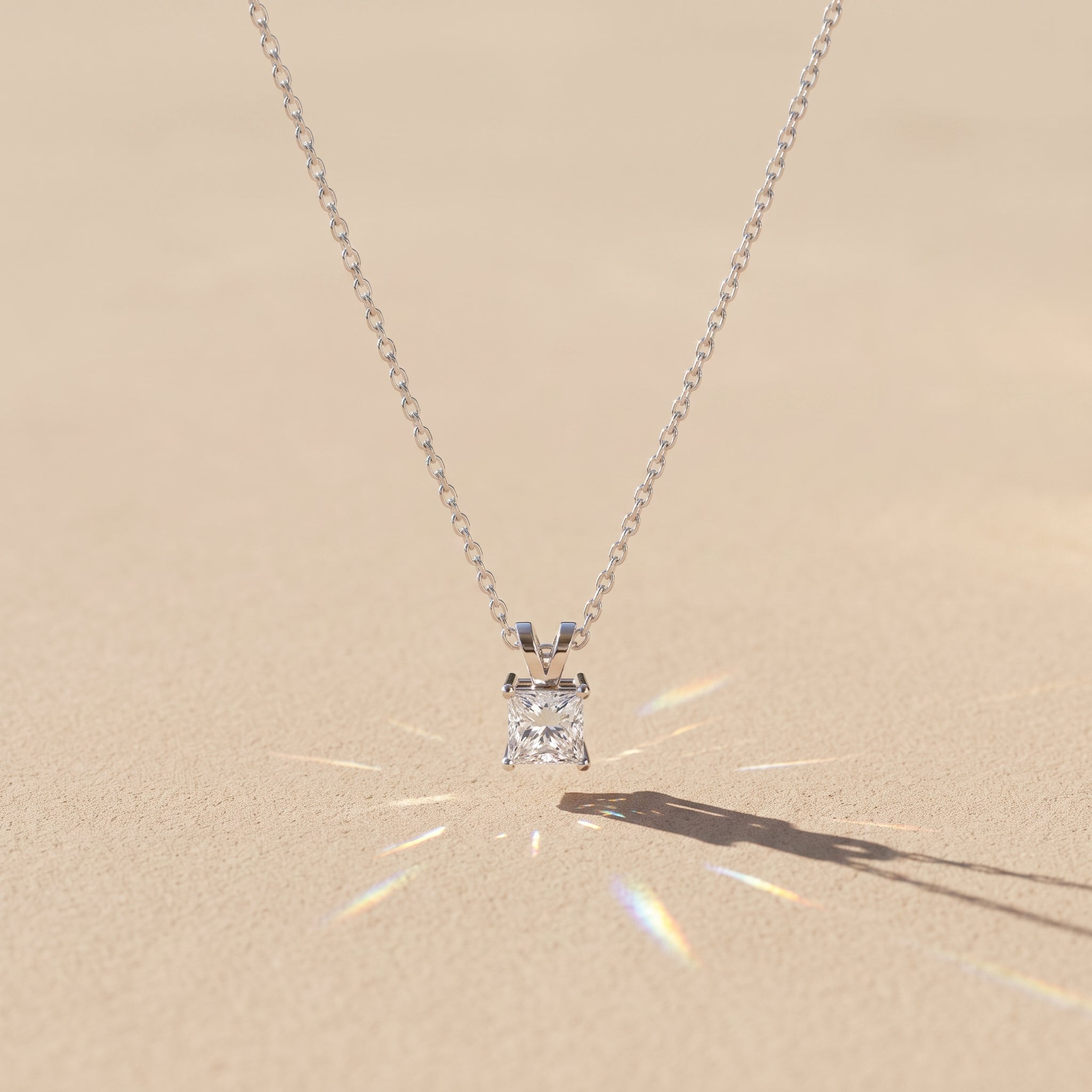 White Metal Princess Cut Moissanite Pendant Necklace