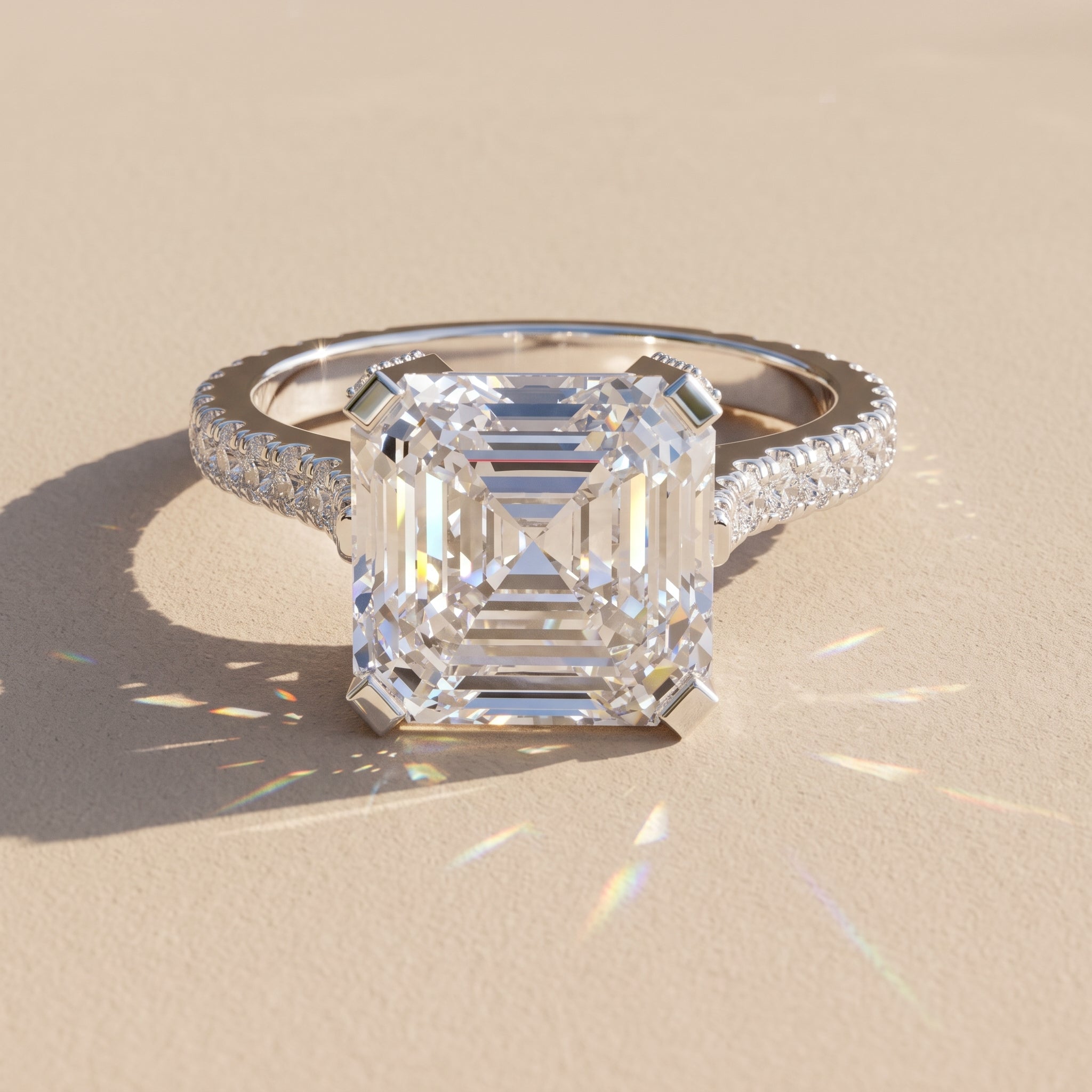 White Gold Asscher Cut Moissanite Engagement Ring