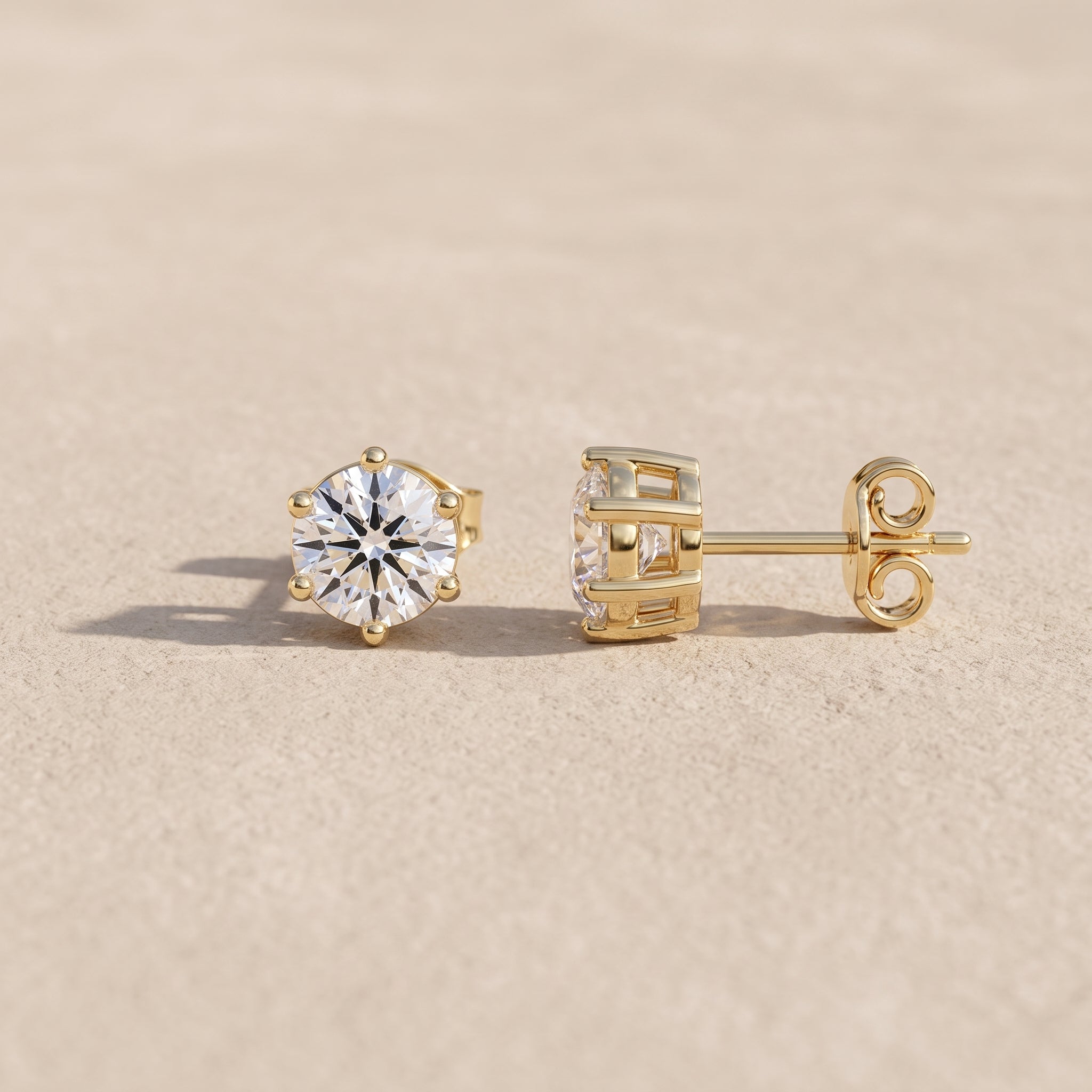 Yellow Gold Round Moissanite Stud Earrings