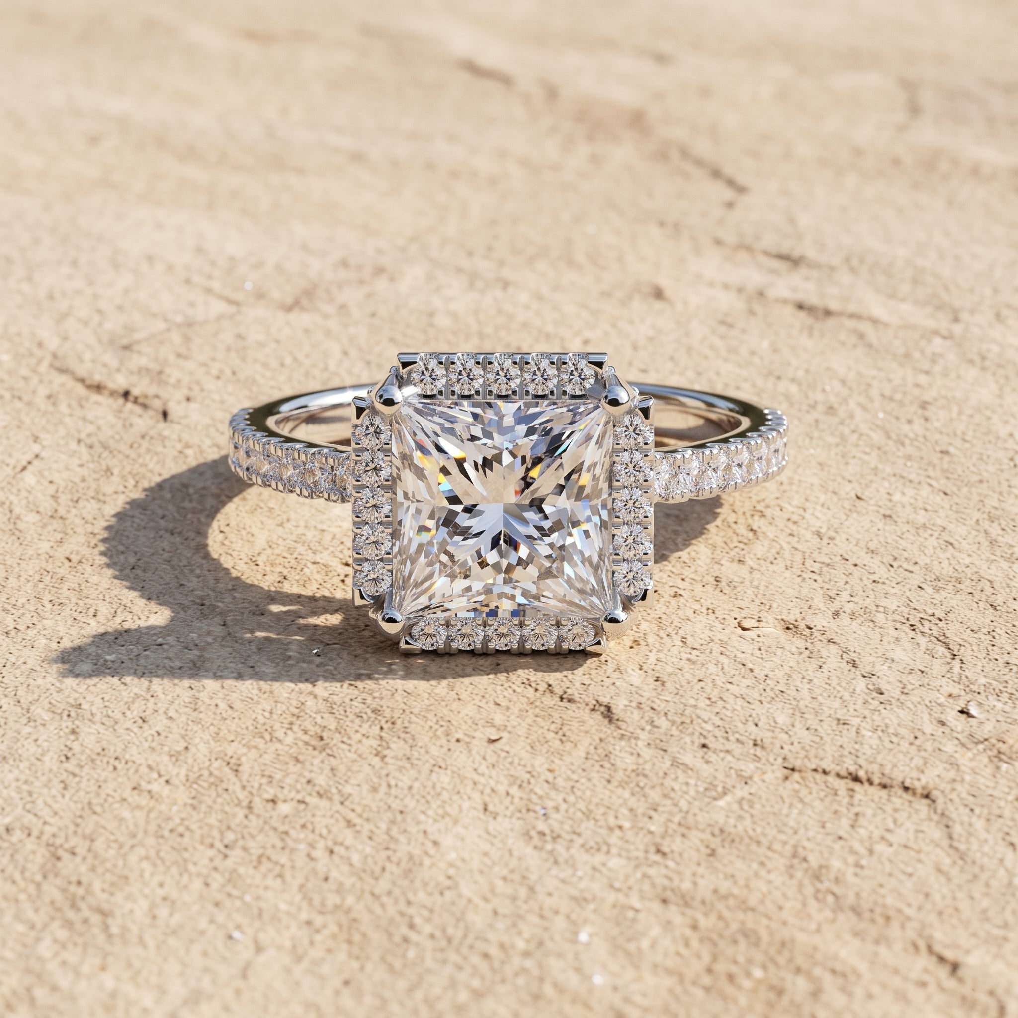 White Metal Princess Cut Moissanite Halo Engagement Ring