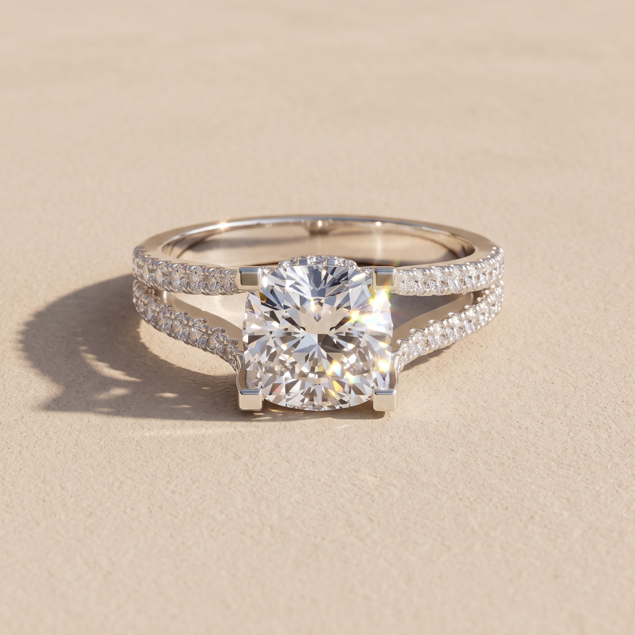White Gold Cushion Cut Moissanite Split Shank Engagement Ring