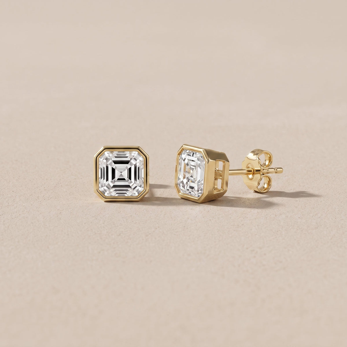 Yellow Gold Asscher Cut Moissanite Stud Earrings