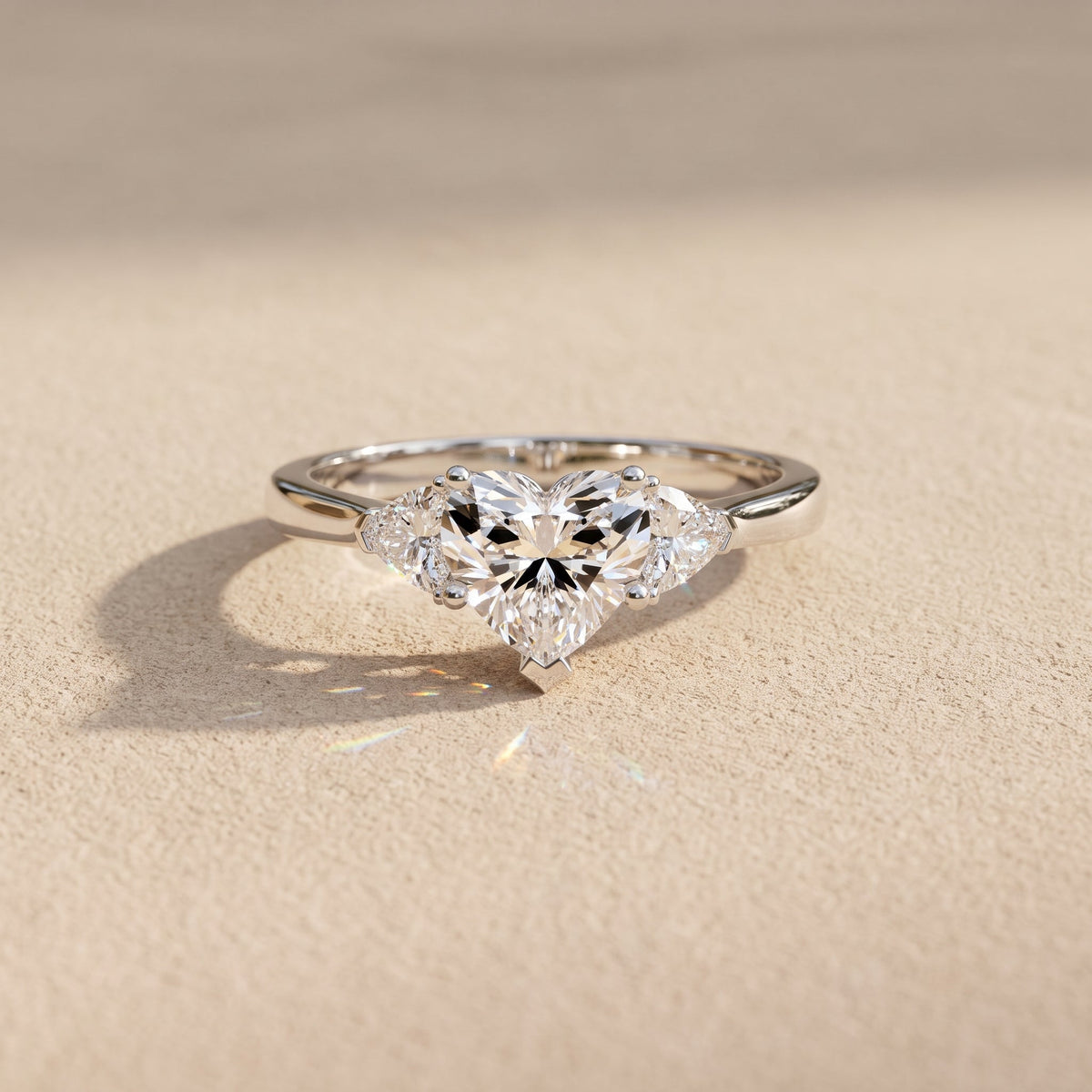 White Metal Heart Cut Moissanite Three Stone Engagement Ring