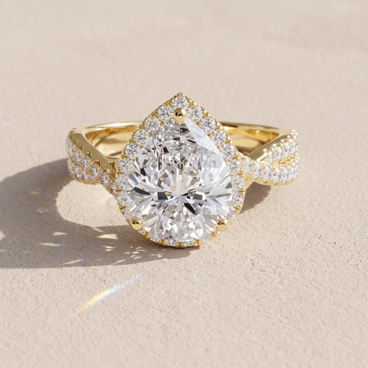 Yellow Gold Pear Cut Moissanite Halo Engagement Ring