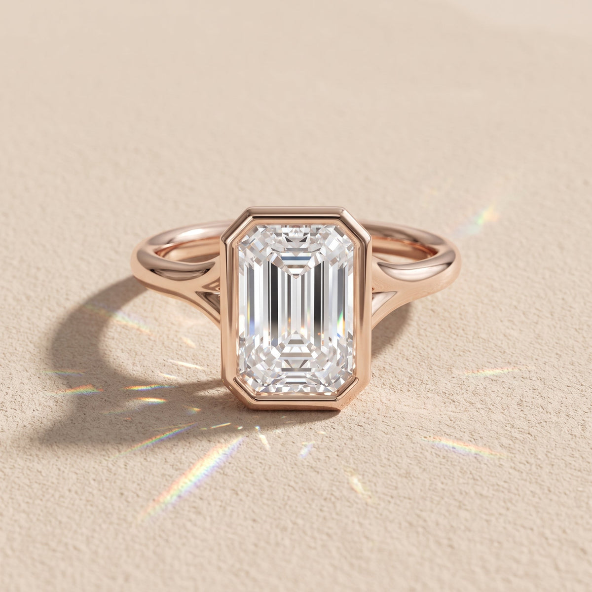 Rose Gold Emerald Cut Moissanite Bezel Engagement Ring