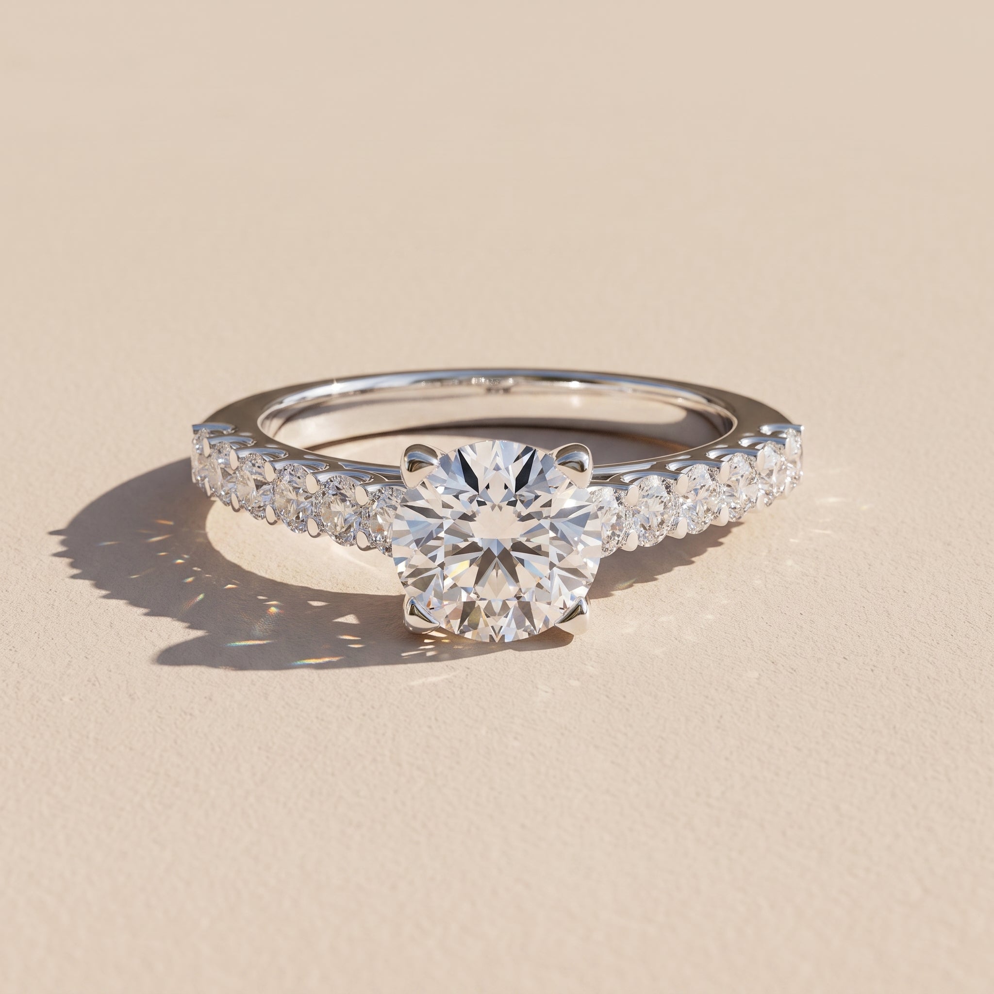 White Round Moissanite Engagement Ring with Accent Band