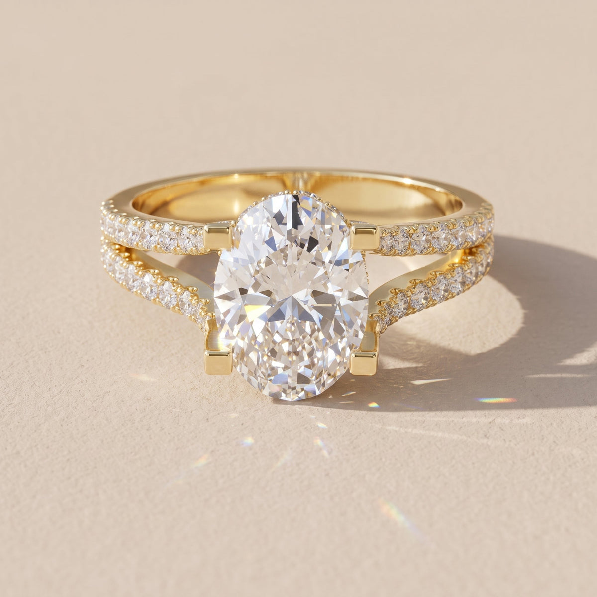 Yellow Gold Oval Cut Moissanite Split Shank Engagement Ring