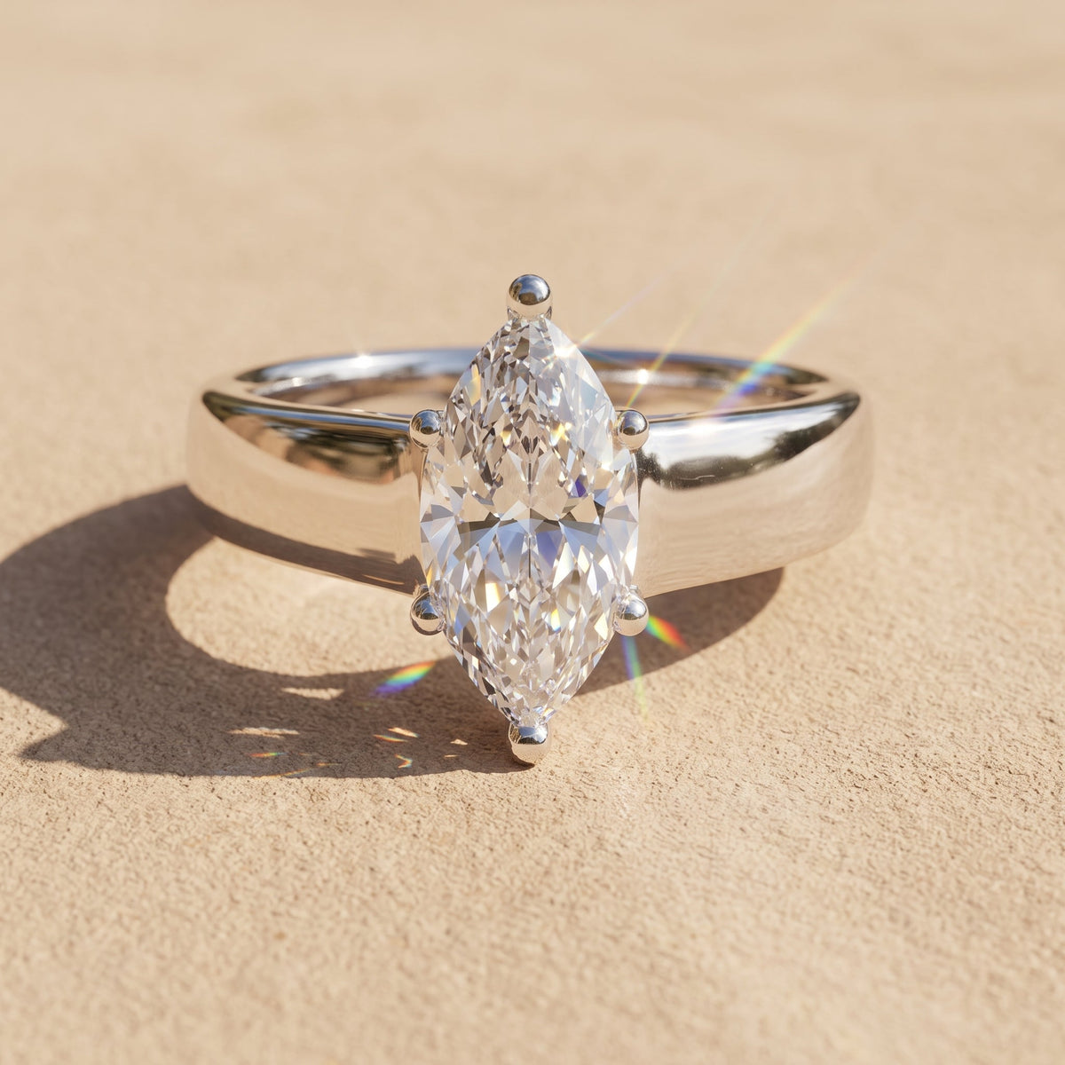 White Metal Marquise Moissanite Solitaire Engagement Ring