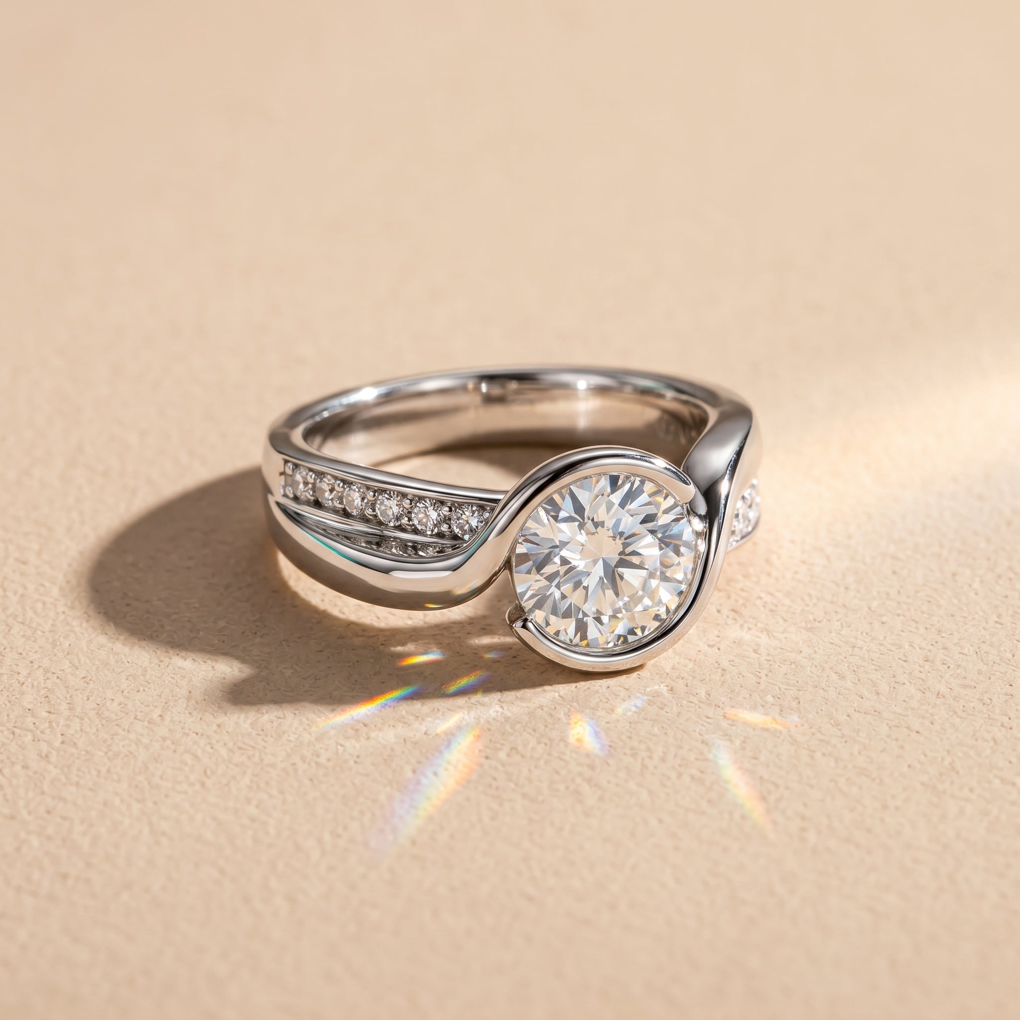 White Metal Round Moissanite Engagement Ring with Twisted Band