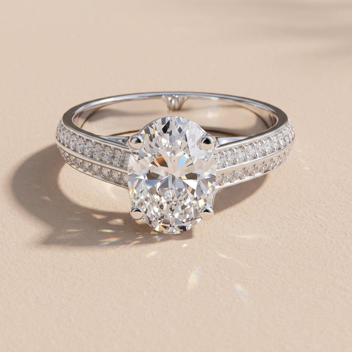 White Gold Oval Cut Moissanite Engagement Ring with Pavé Band