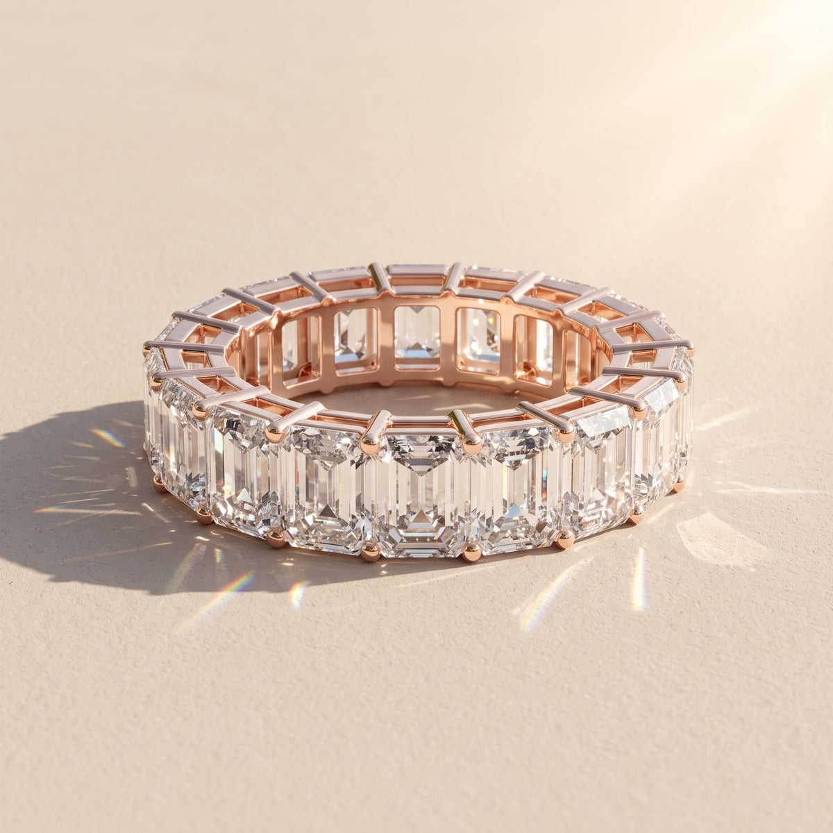 Rose Gold Emerald Cut Moissanite Eternity Band Ring