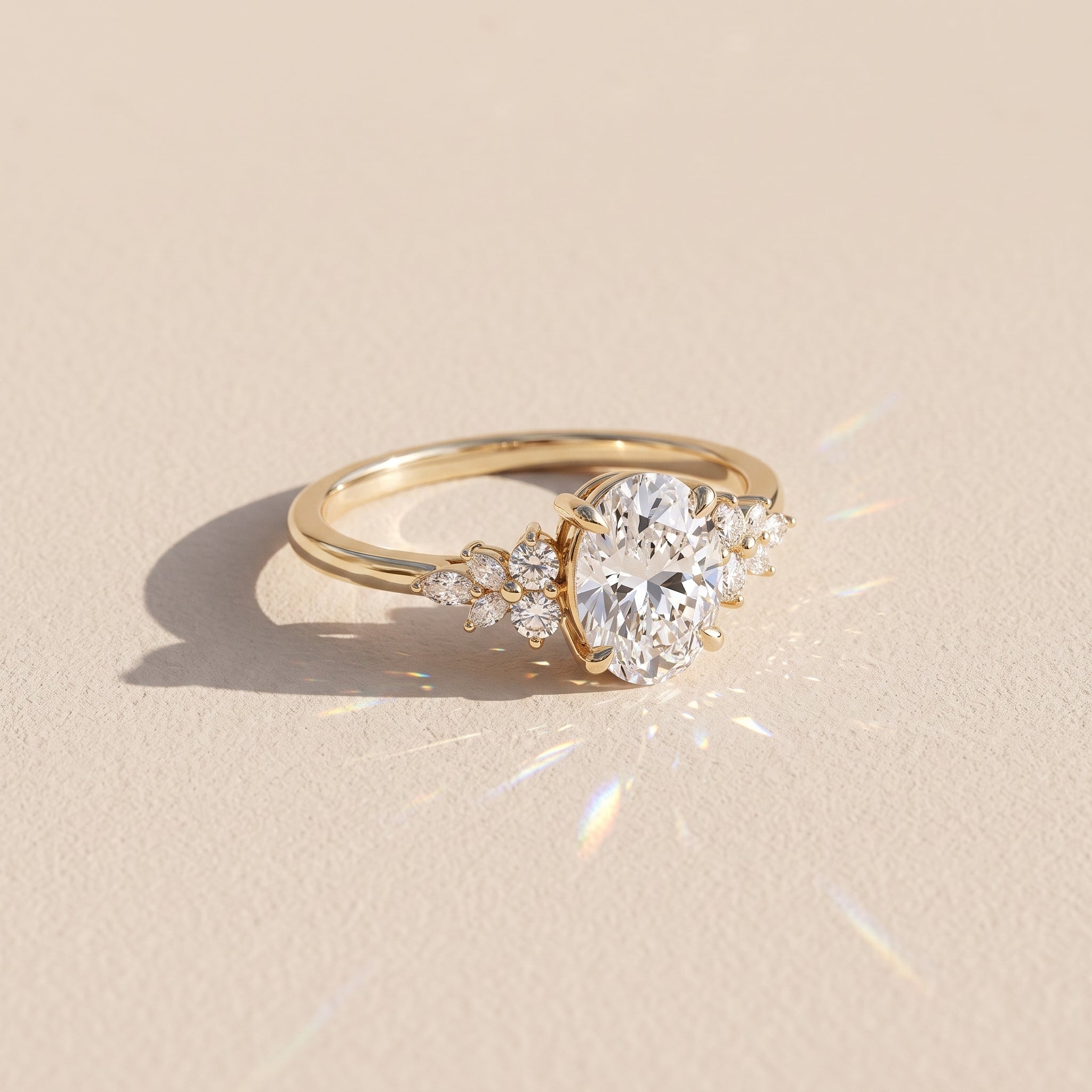 Yellow Gold Oval Cut Moissanite Floral Engagement Ring