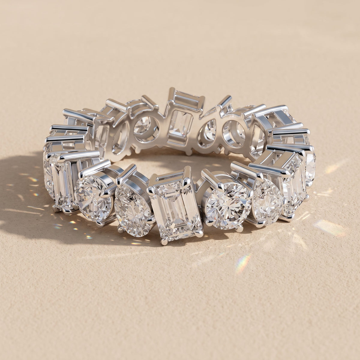 White Metal Alternating Emerald, Pear & Round Moissanite Eternity Band Ring