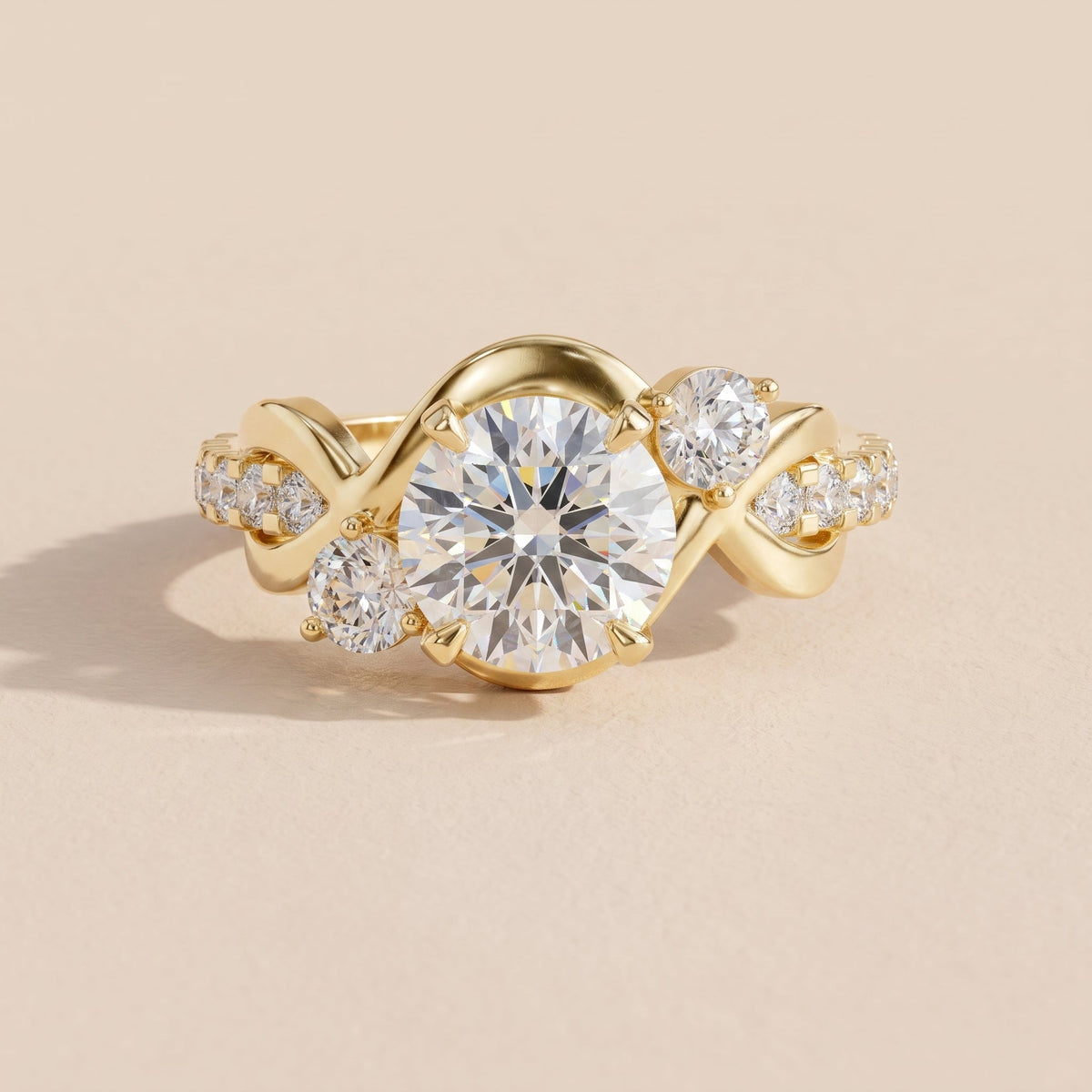 Yellow Gold Round Moissanite Twisted Three Stone Engagement Ring