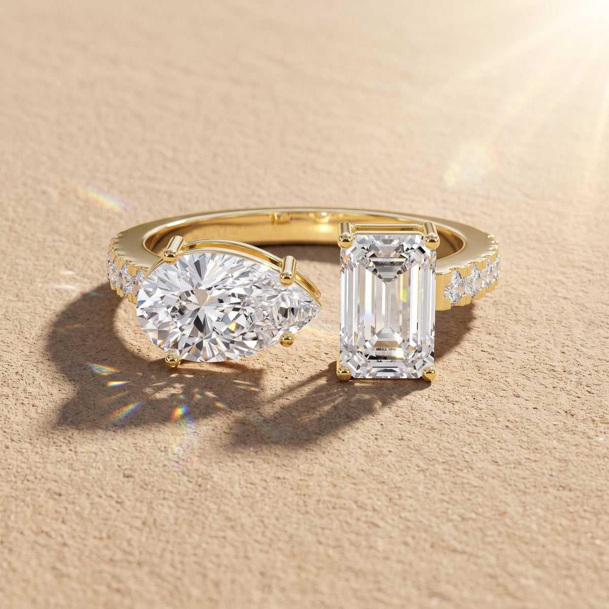 Yellow Gold Pear & Emerald Cut Moissanite Engagement Ring