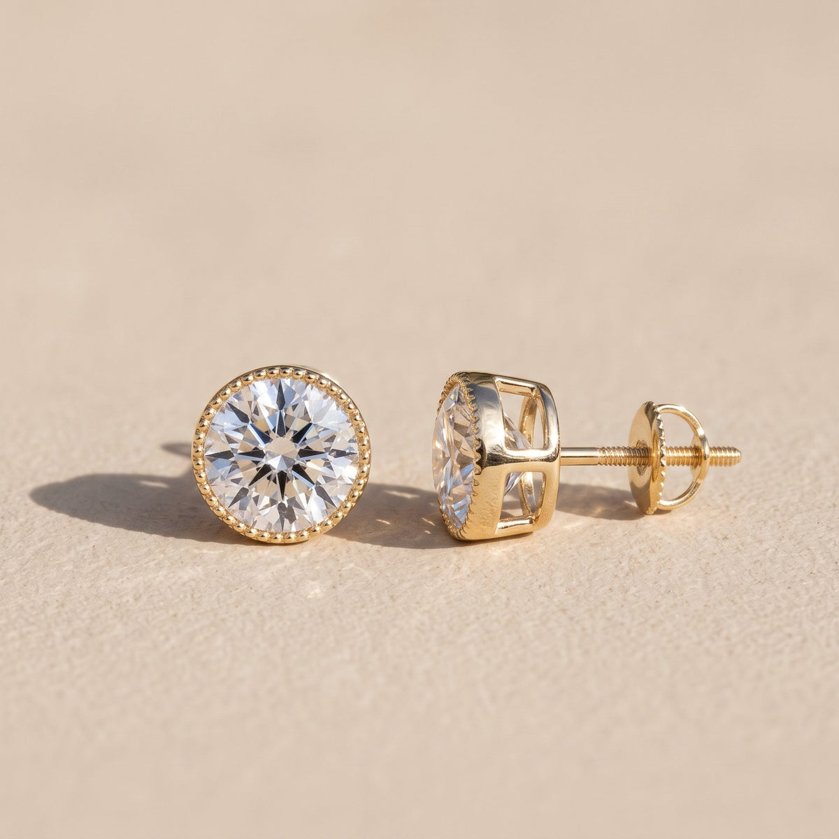 Yellow Gold Round Moissanite Stud Earrings