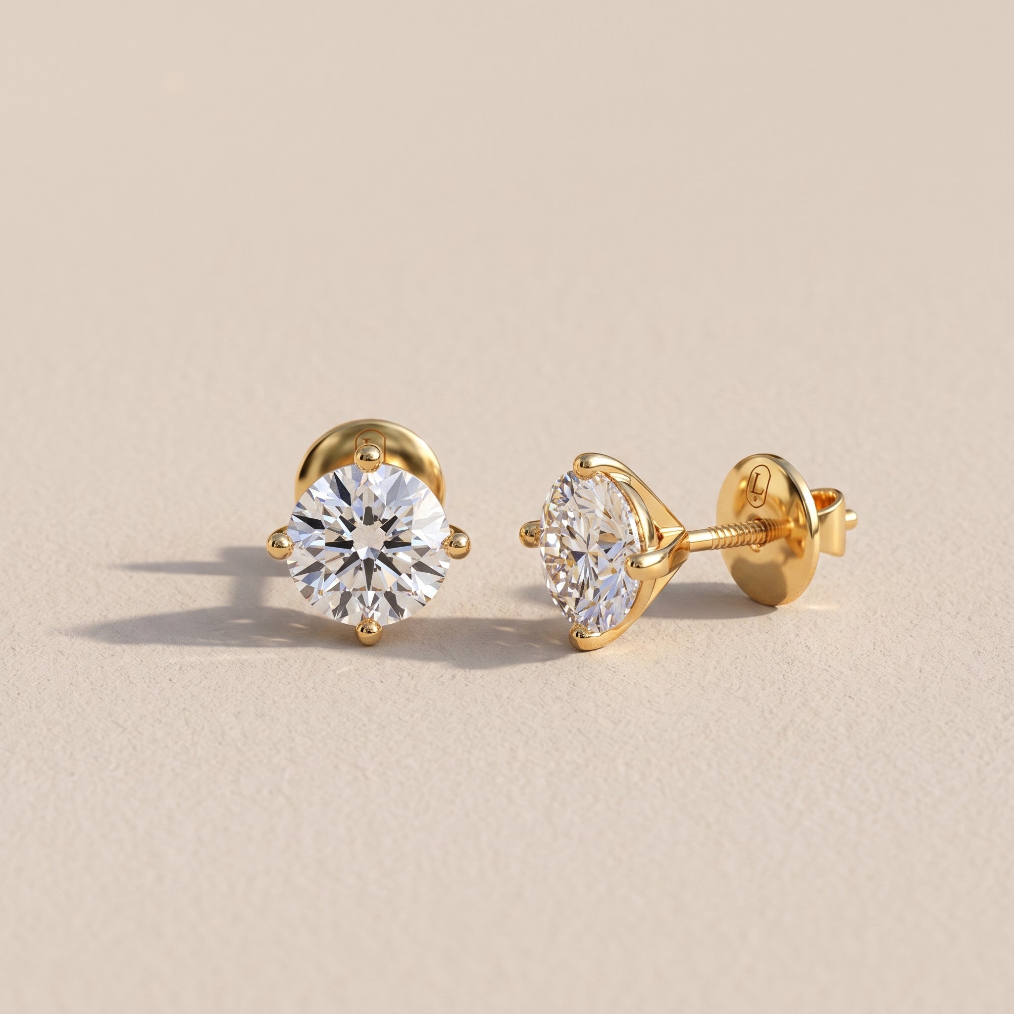 Yellow Gold Round Moissanite Stud Earrings with Screw Back