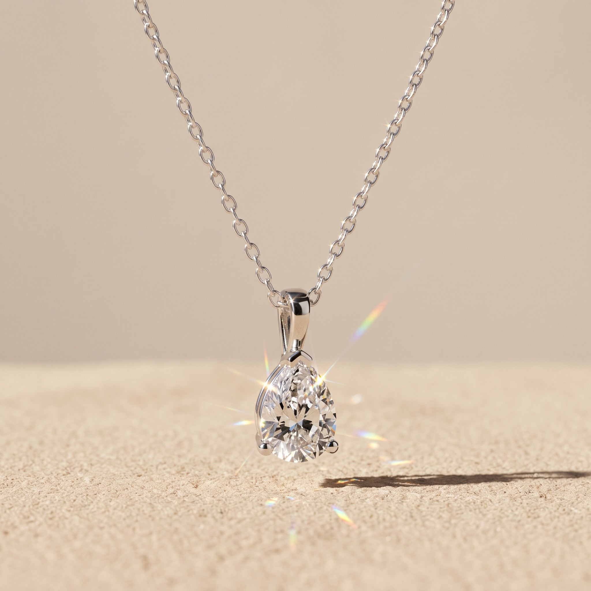 White Metal Pear Cut Moissanite Pendant Necklace