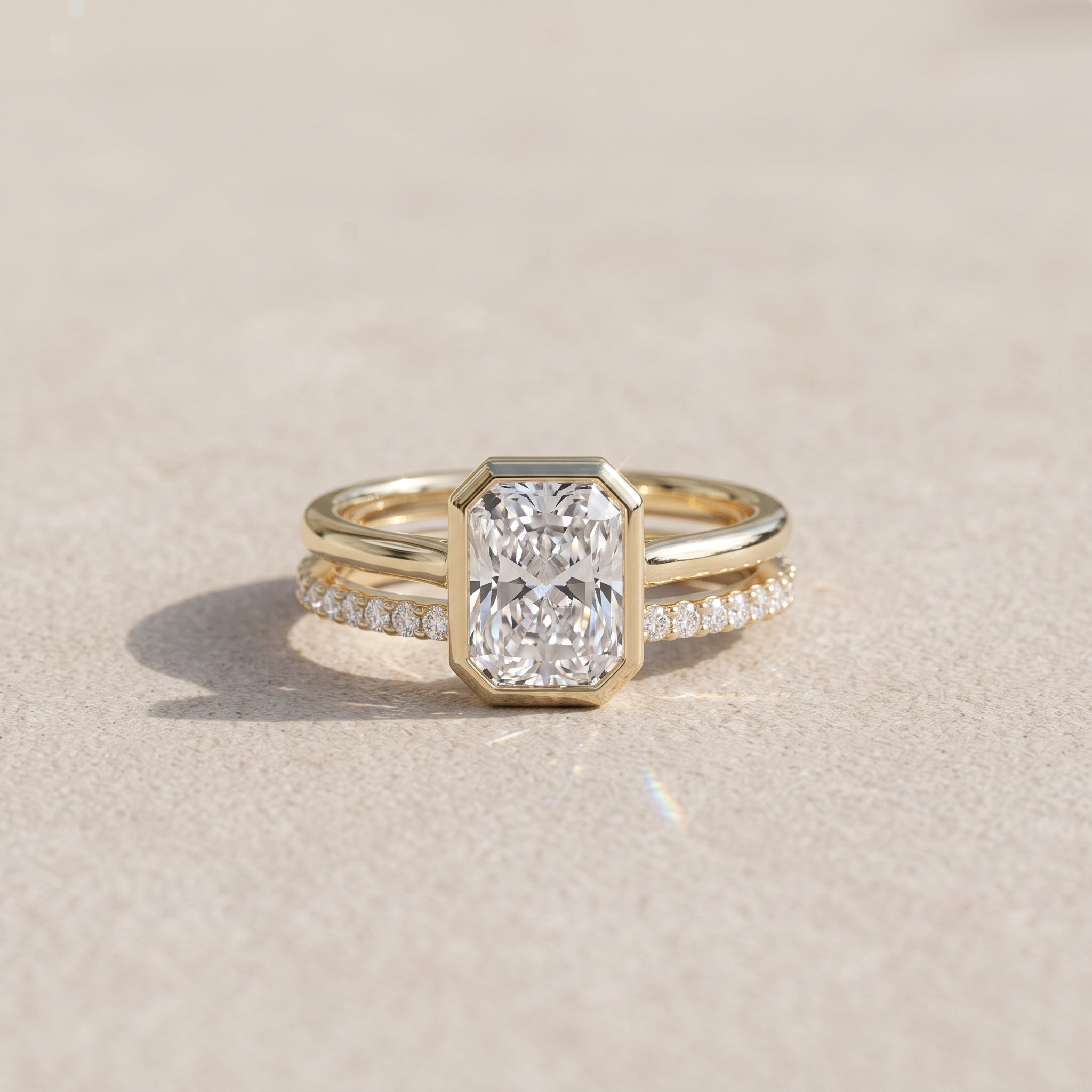 Yellow Gold Radiant Cut Moissanite Engagement Ring Set