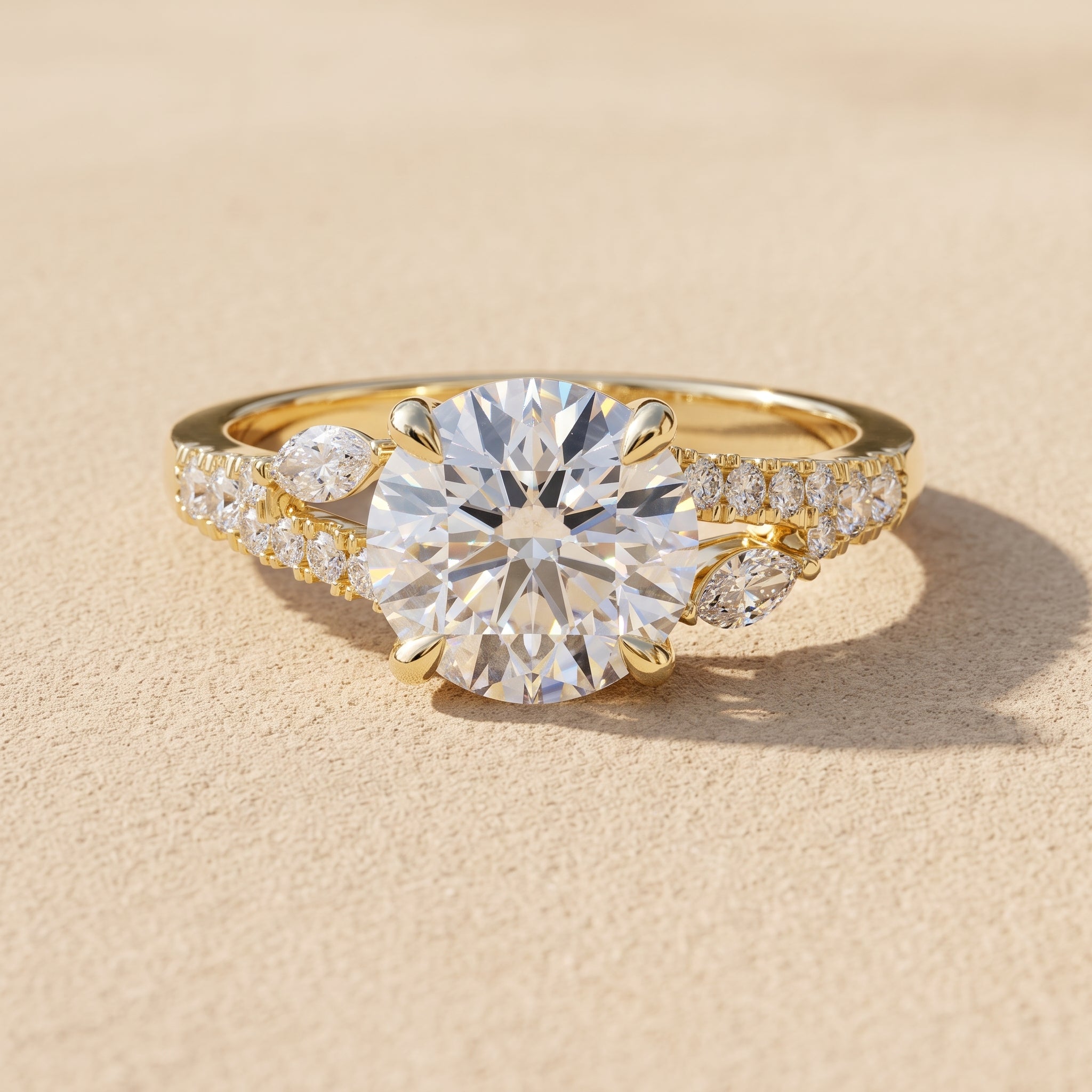 Yellow Gold Round Moissanite Engagement Ring with Leaf Accents