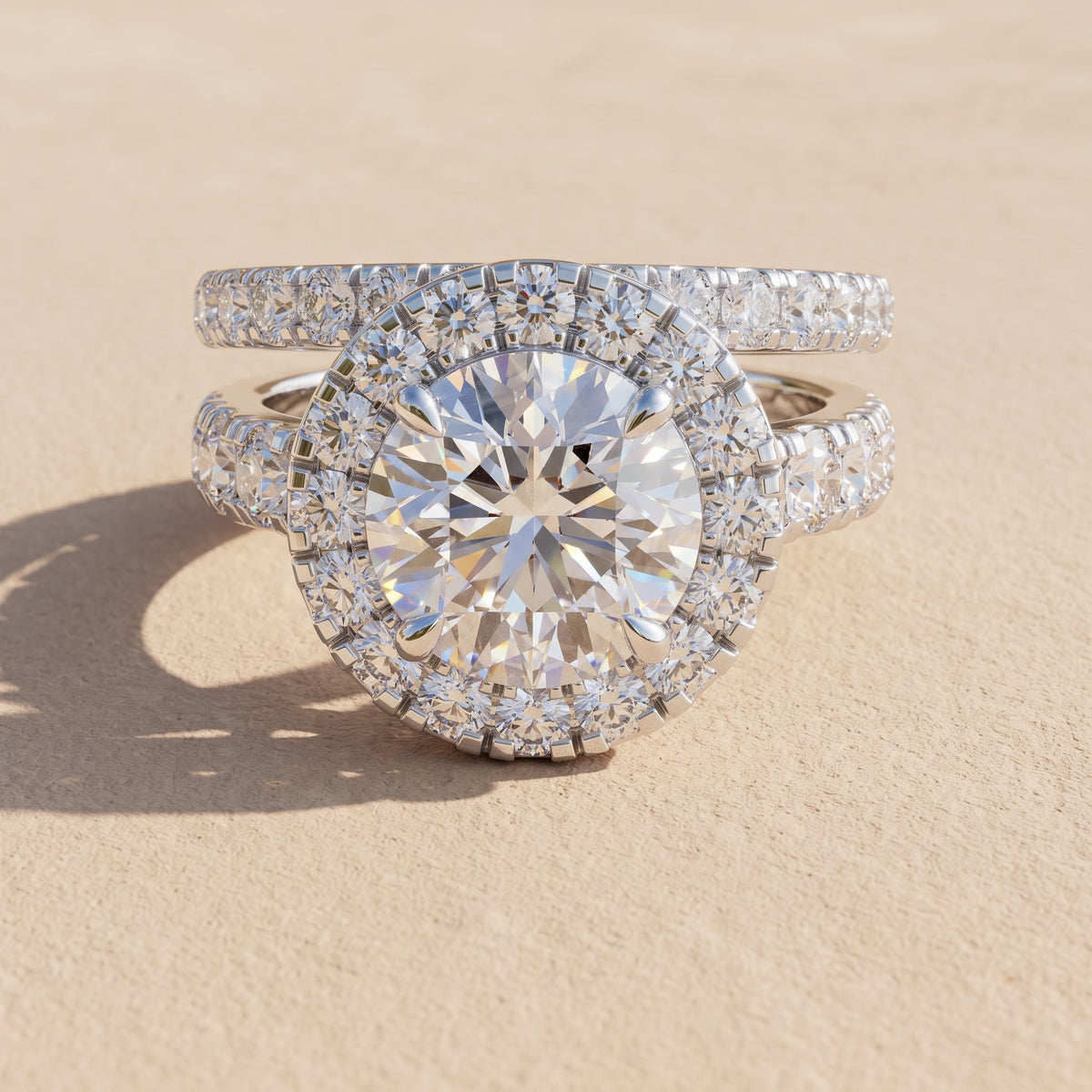 White Gold Round Moissanite Engagement Ring with Halo Bridal Set