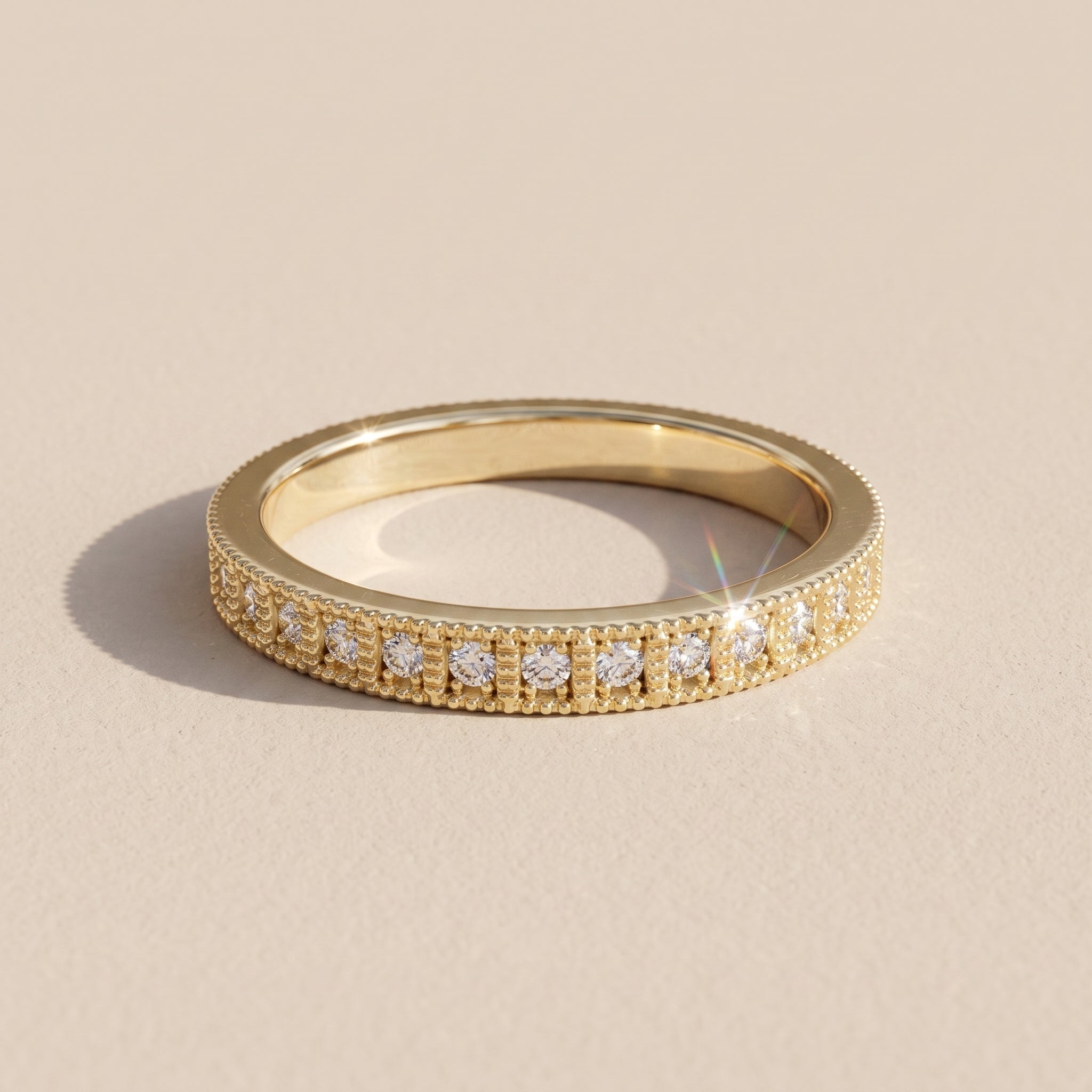 Yellow Gold Round Moissanite Milgrain Band Ring
