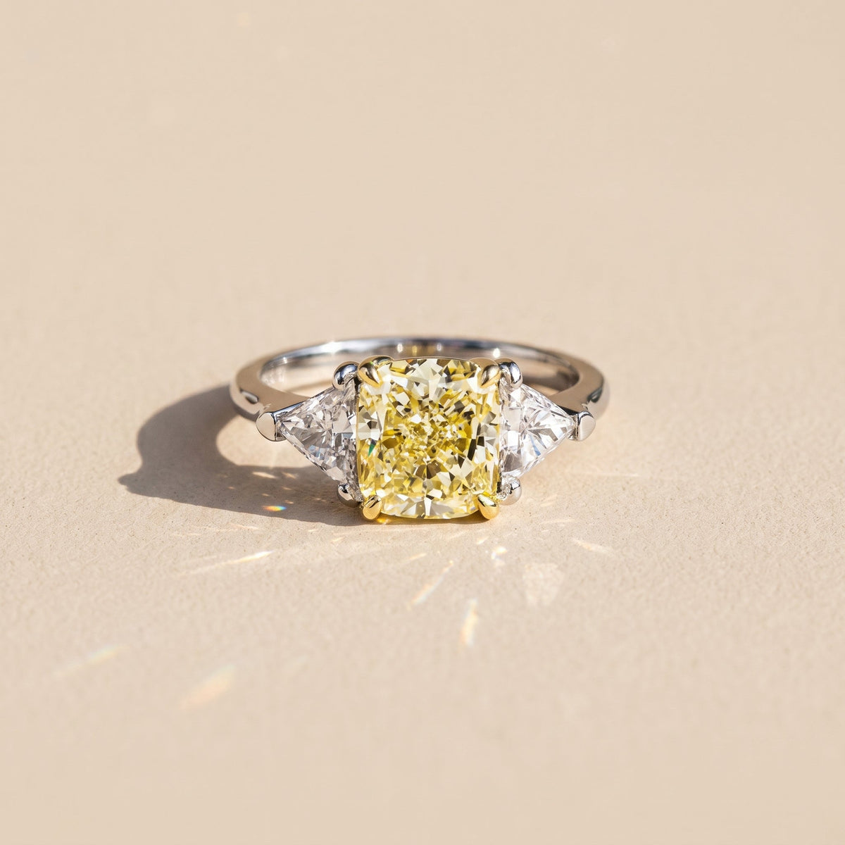 White Gold Cushion Cut Yellow Moissanite Three Stone Ring