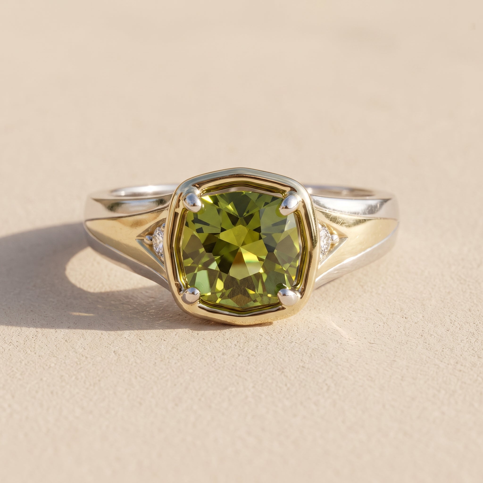 Two-Tone Cushion Cut Green Moissanite Engagement Ring