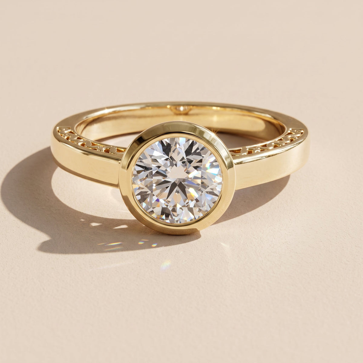 Yellow Gold Round Moissanite Bezel Engagement Ring