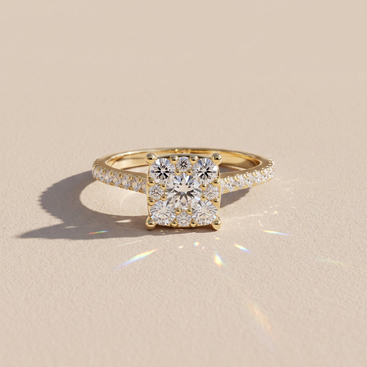 Yellow Gold Round Moissanite Cluster Engagement Ring
