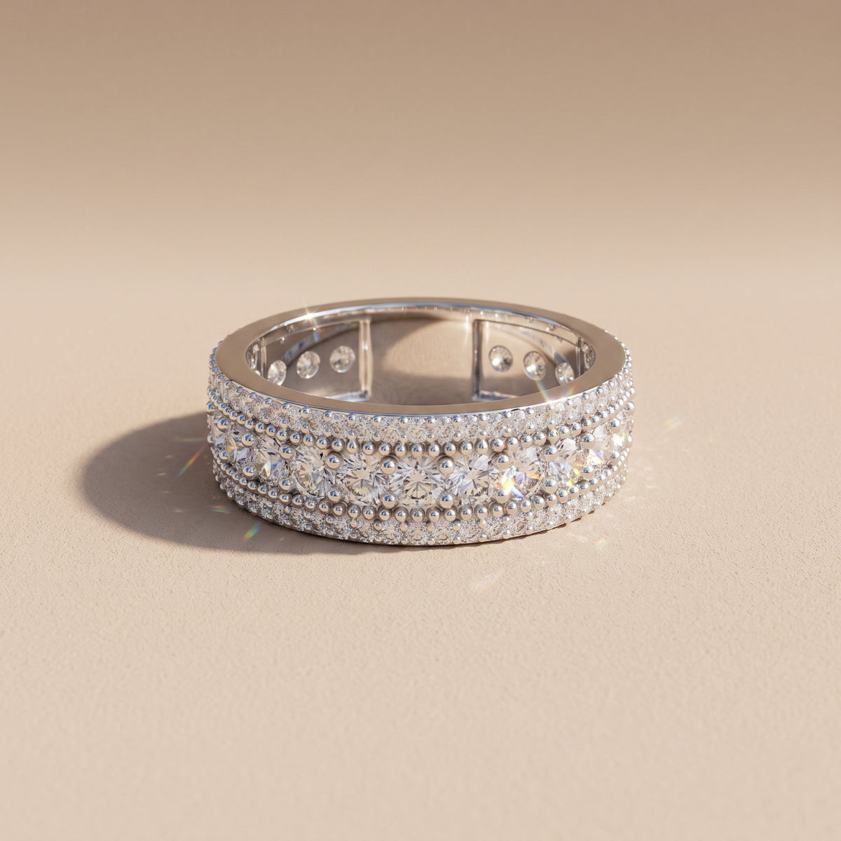 White Metal Round Moissanite Wide Band Ring