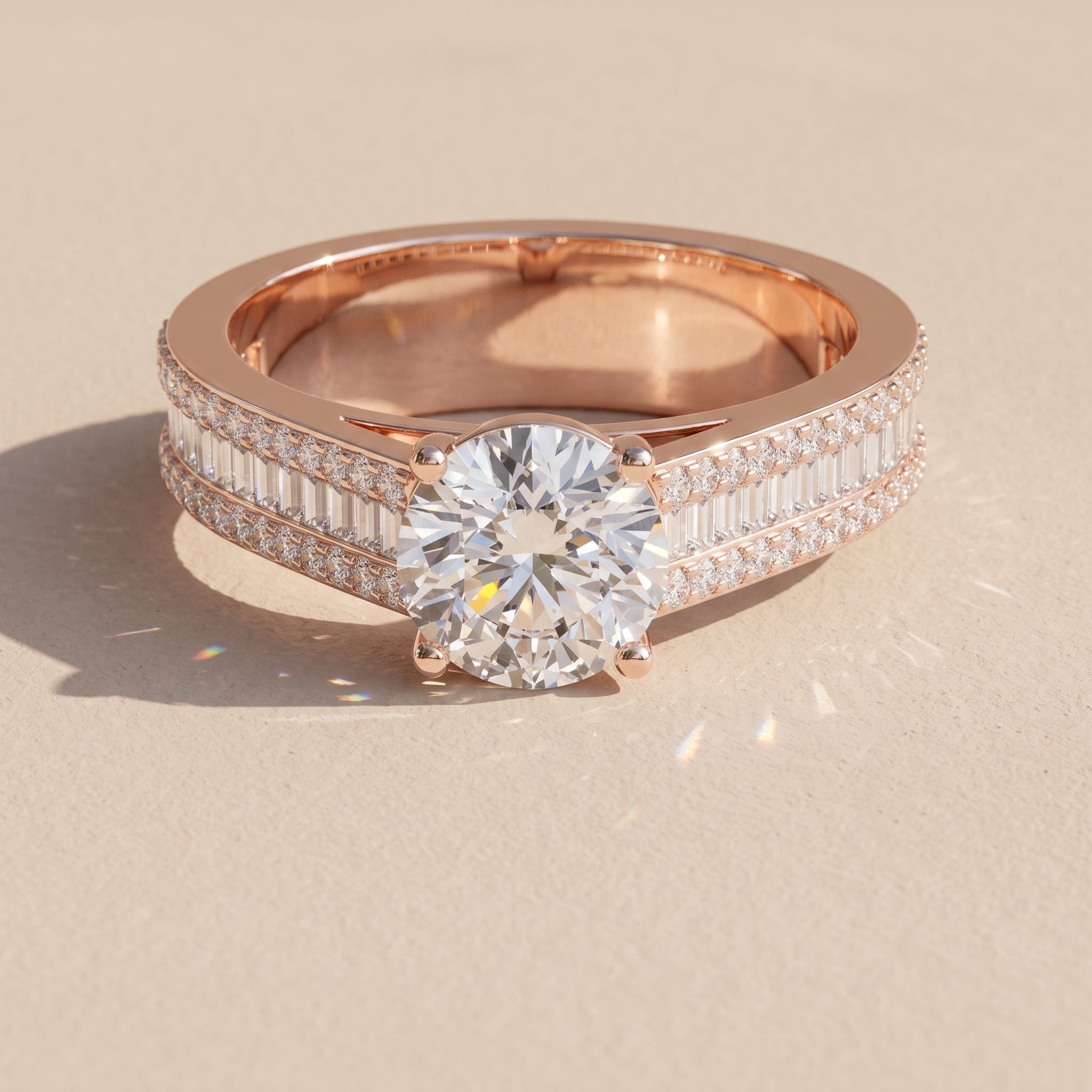 Rose Gold Round Moissanite Engagement Ring with Baguette Accent Band