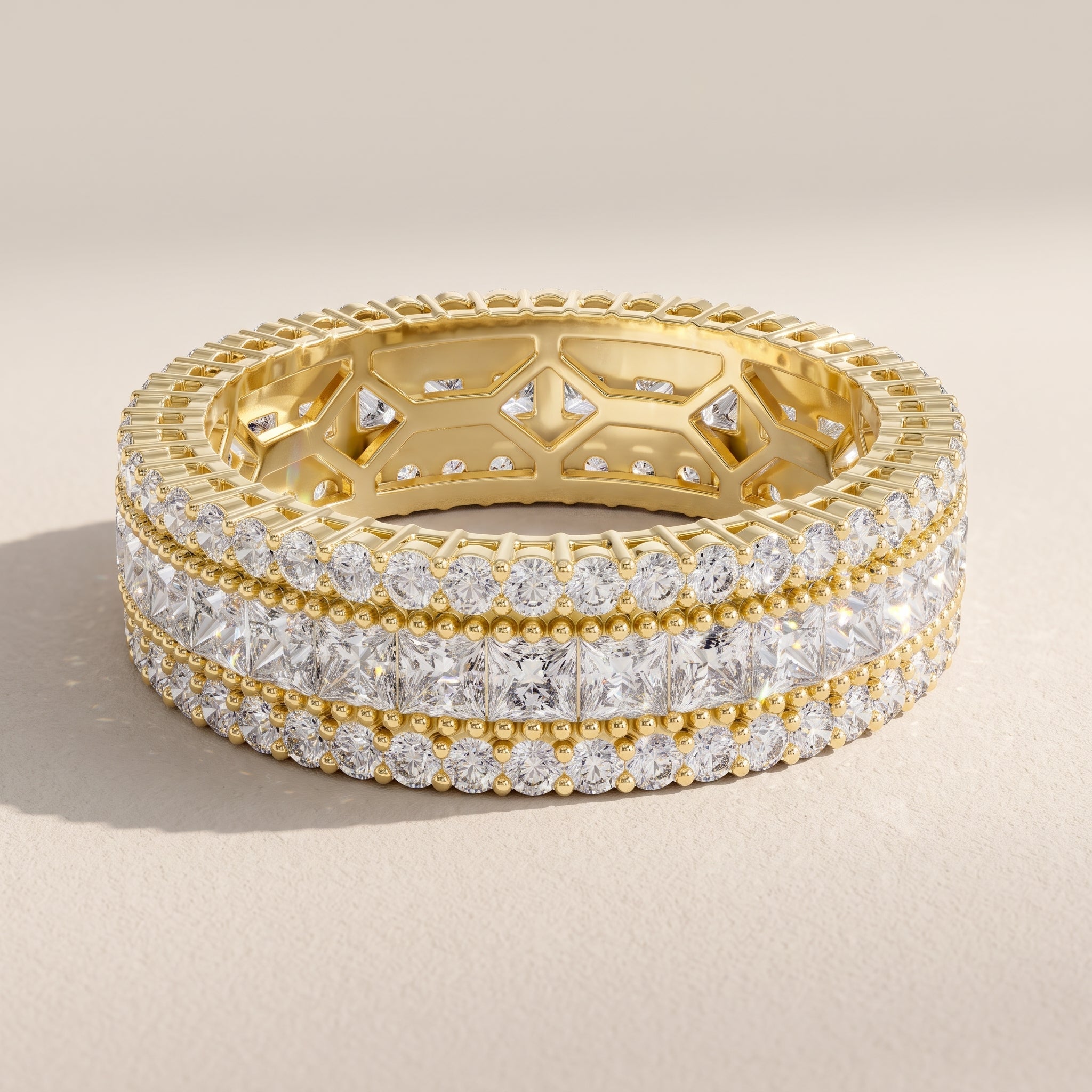 Yellow Gold Princess & Round Cut Moissanite Eternity Band