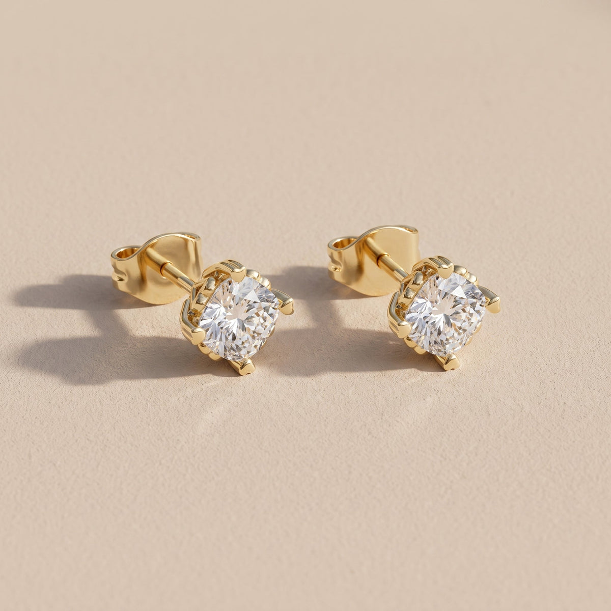 Yellow Gold Cushion Moissanite Stud Earrings
