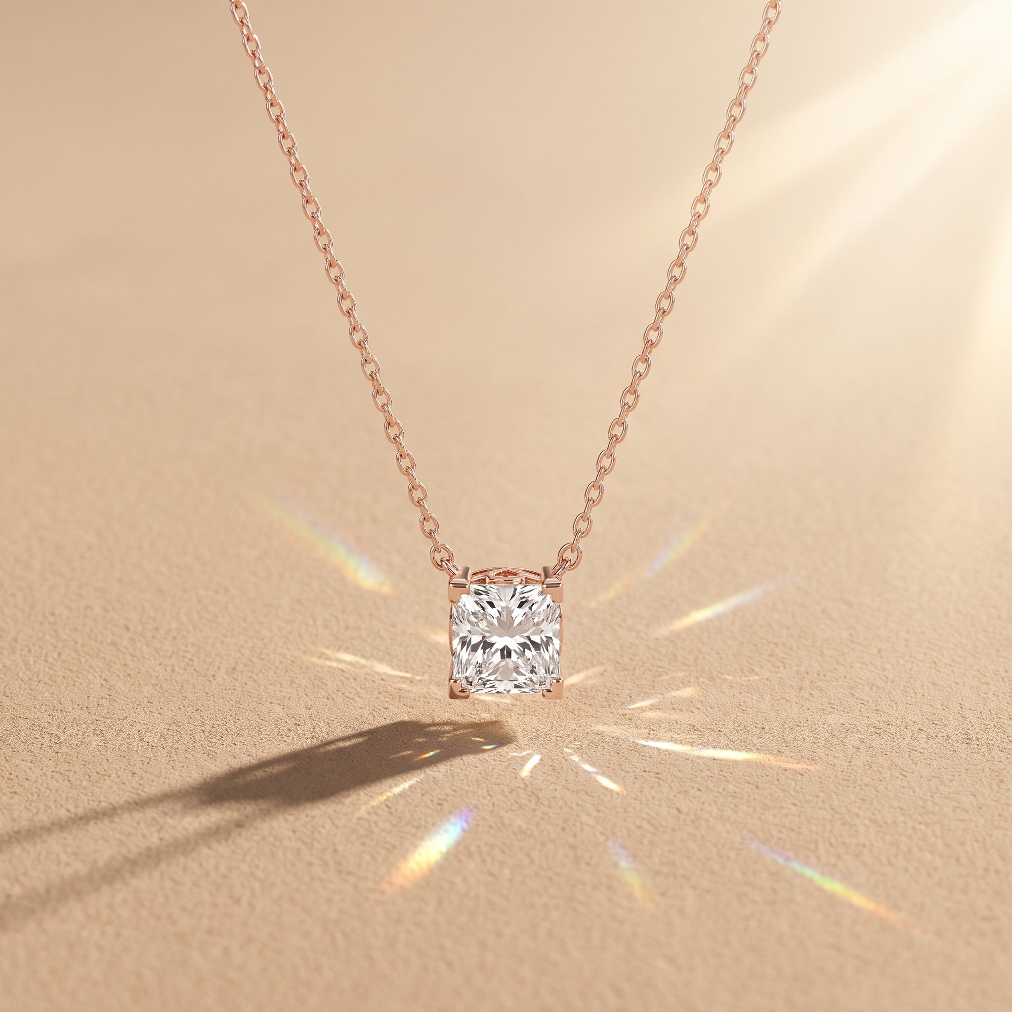 Rose Gold Princess Cut Moissanite Pendant Necklace