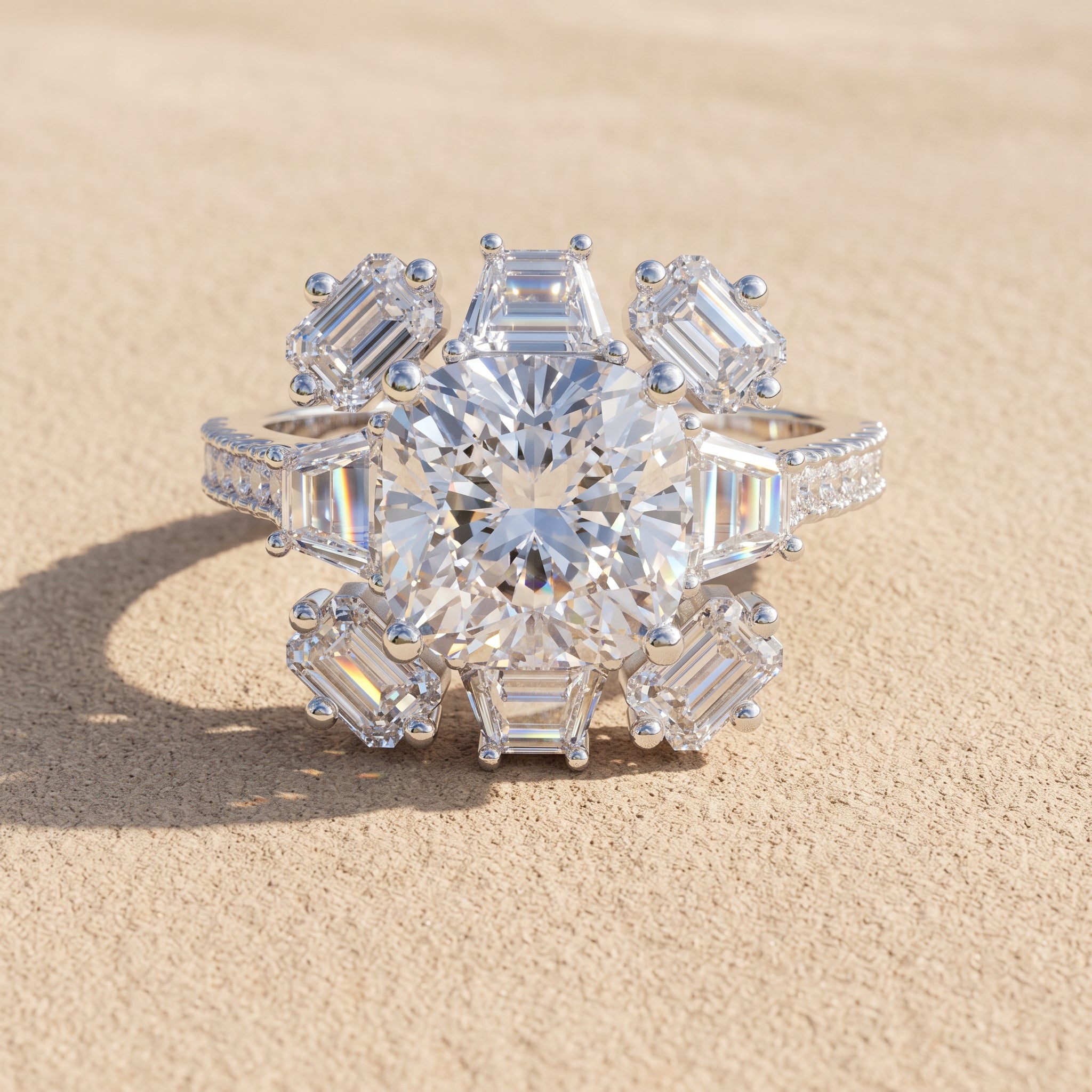 White Gold Cushion Moissanite Floral Halo Engagement Ring
