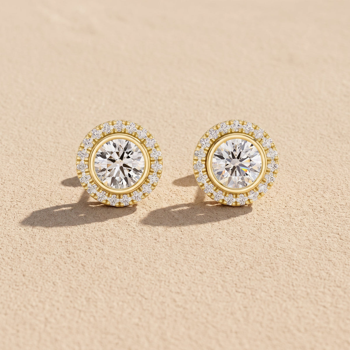 Yellow Gold Round Moissanite Halo Stud Earrings