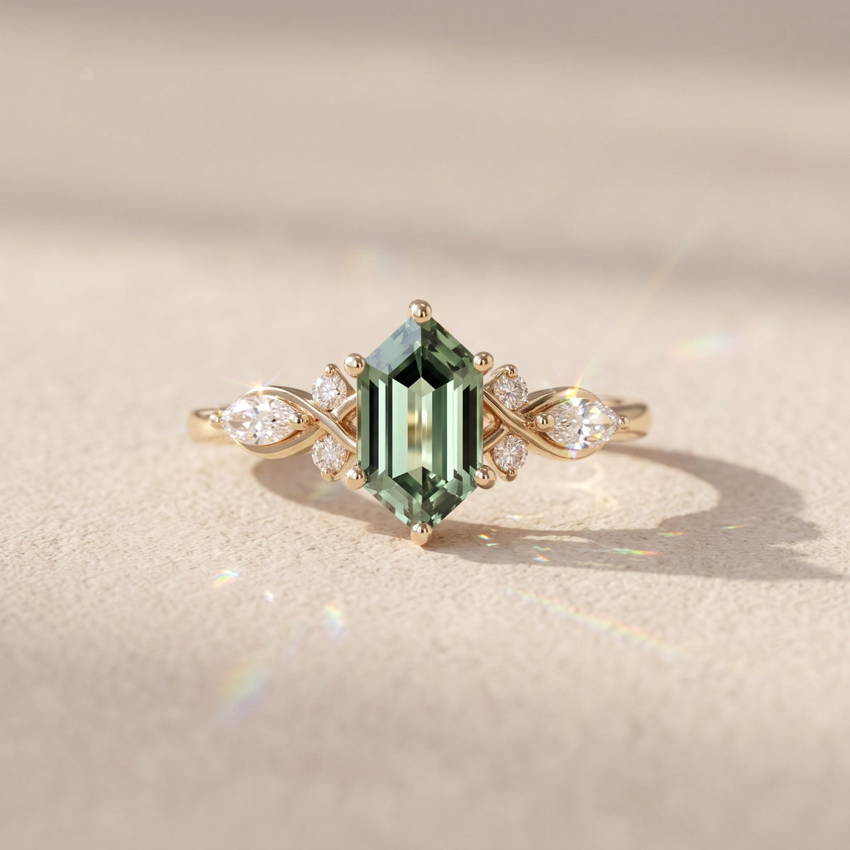Yellow Gold Emerald Cut Moissanite Twisted Leaf Ring