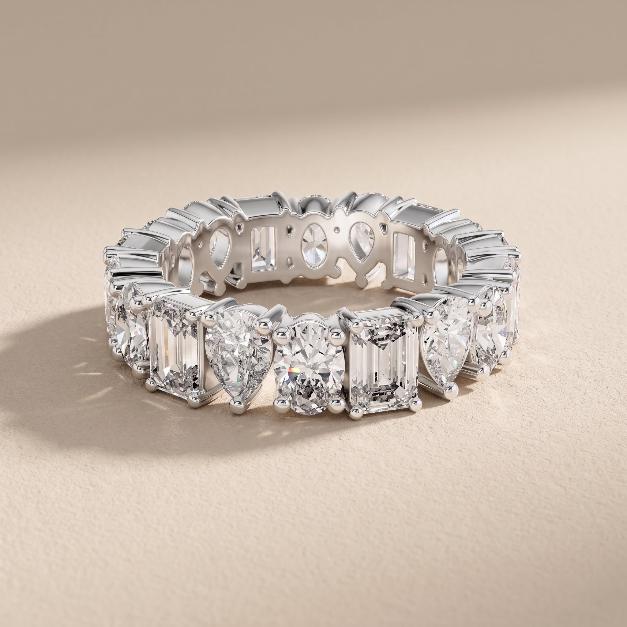 White Metal Emerald, Pear & Oval Cut Moissanite Eternity Band Ring