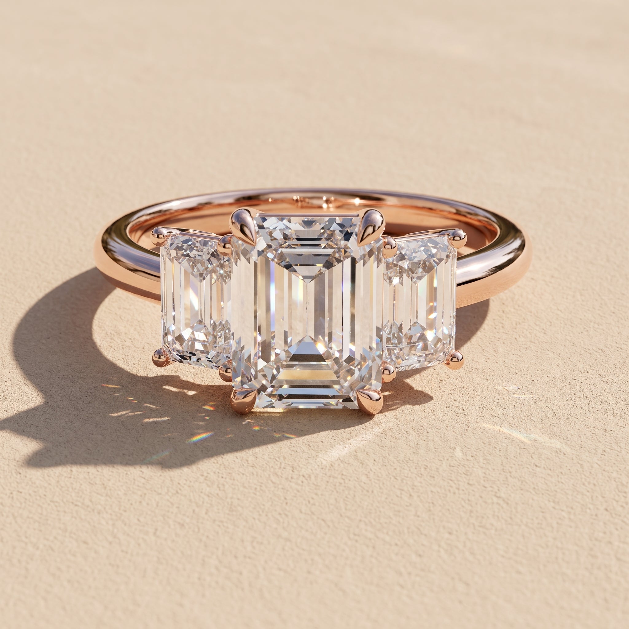 Rose Gold Emerald Cut Moissanite Three Stone Engagement Ring