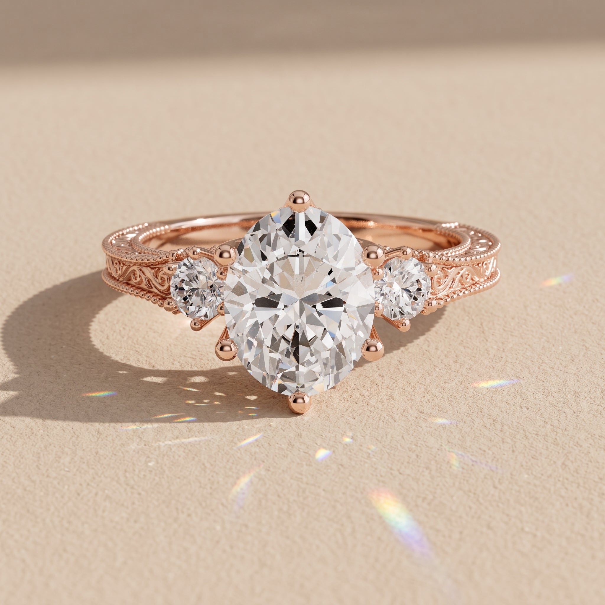 Rose Gold Oval Moissanite Engagement Ring with Side Stones